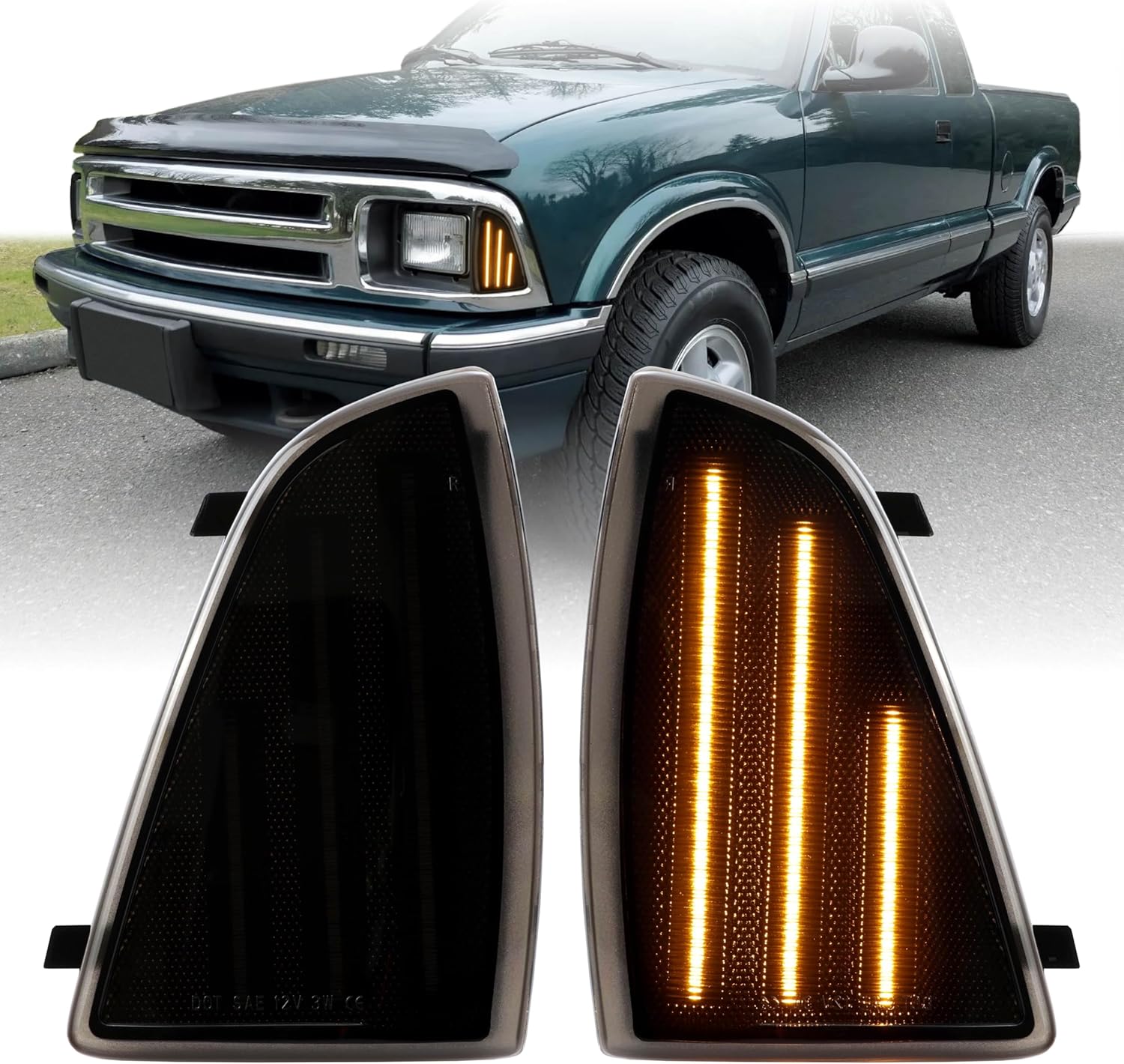 USR 94-97 Z83/ZQ8 Side Marker Corner Light – Front Parking Lamps (Left + Right) Pair - Compatible with 1994-1997 Chevy S10 PickUp Truck / 95-97 Chevrolet Blazer All Models (SMOKE LENS with AMBER LED)