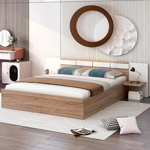 Miniatura 1 de SOFTSEA Marco de cama Queen con puertos USB y enchufes, plataforma de madera con cabecero y estantes