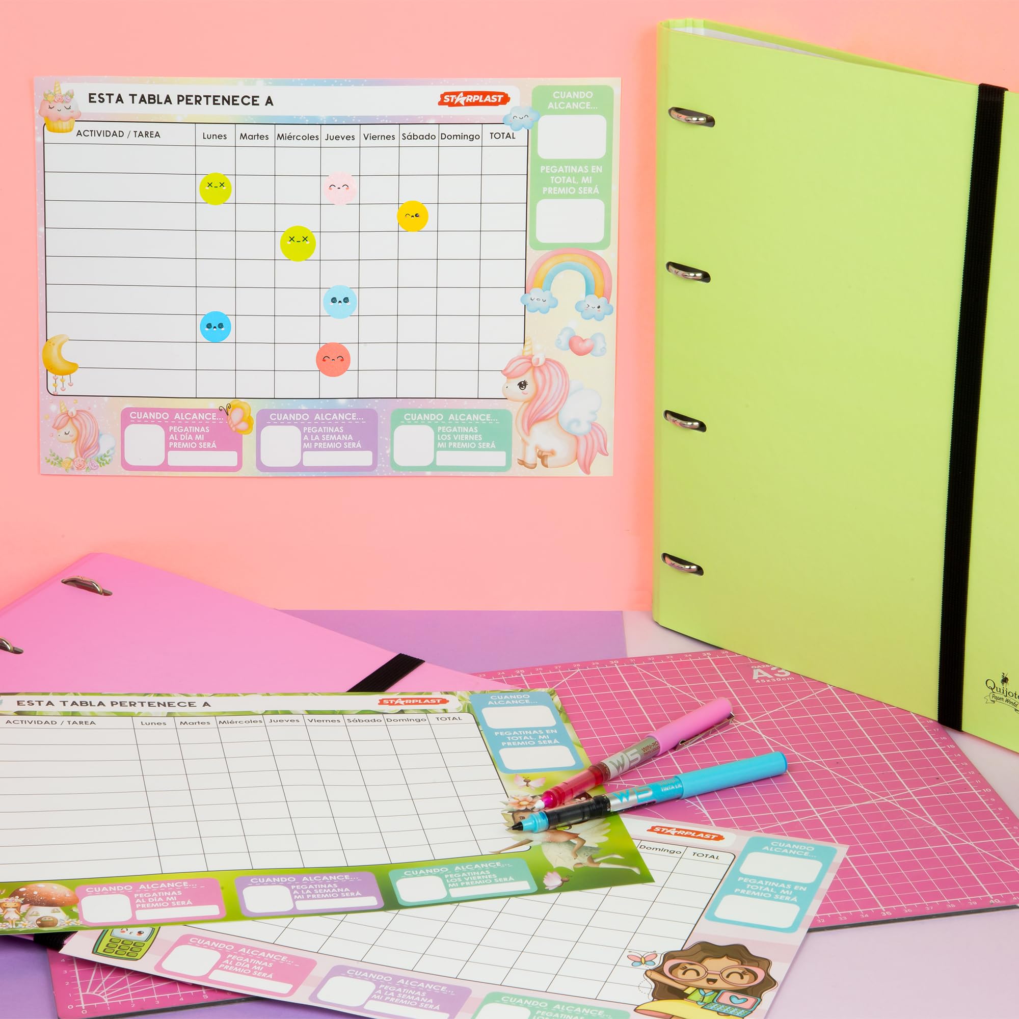 TABLAS DE RECOMPENSAS PARA NIÑOS STARPLAST - Incluye 16 láminas de pegatinas, 4 diseños diferentes de tabla recompensa y 16 hojas de tablas recompensa para usar con niños - CUTE