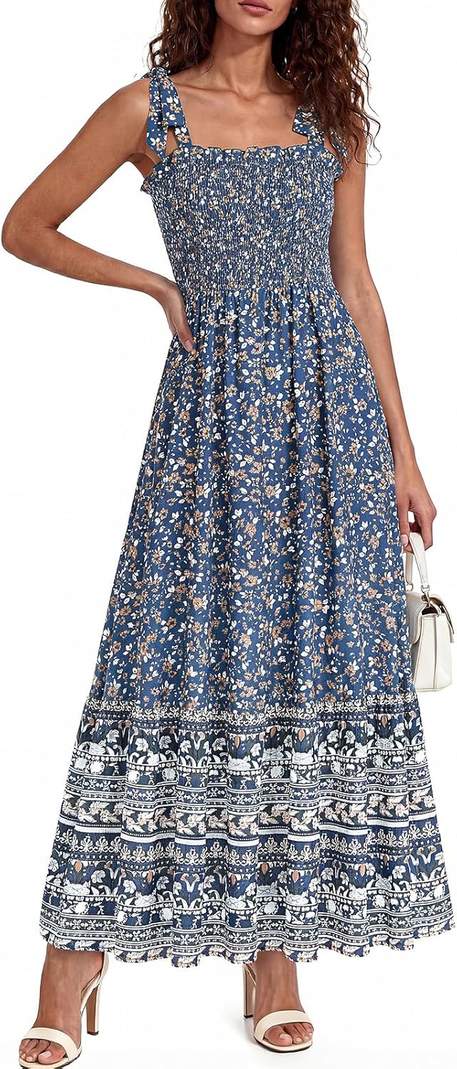 PRETTYGARDEN Women's 2026 Summer Maxi Dress Tie Straps Floral Beach Vacation Long Dresses Smocked Boho Sundress with Pockets