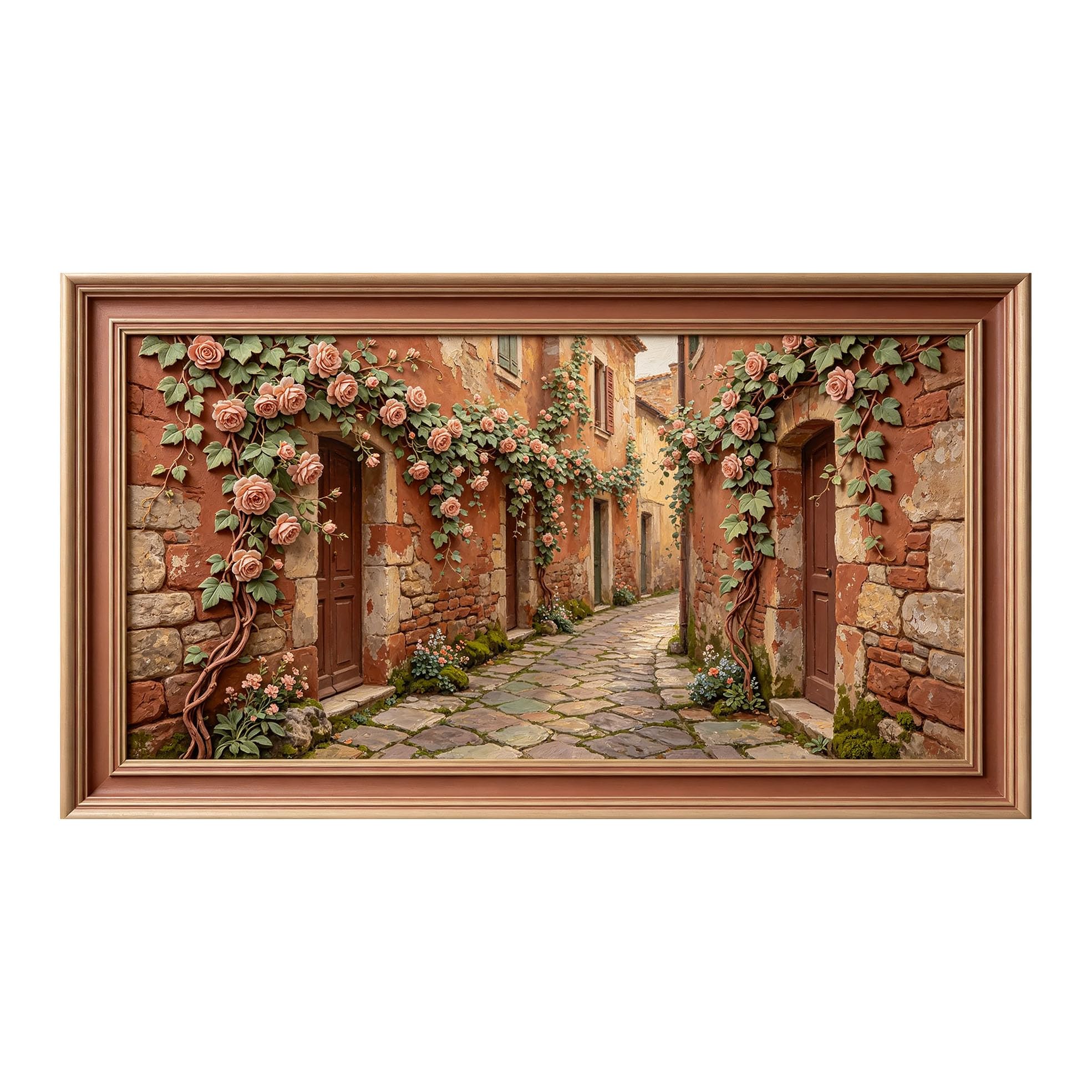 Murasolite 3D Framed Wall Art Provence Alley Rose Stone Houses European Classic Oil Painting SelfAdhesive Fabric Mural Wall Decor,No Damage to Wall,AntiFall Safe Design for Bedroom Living Room