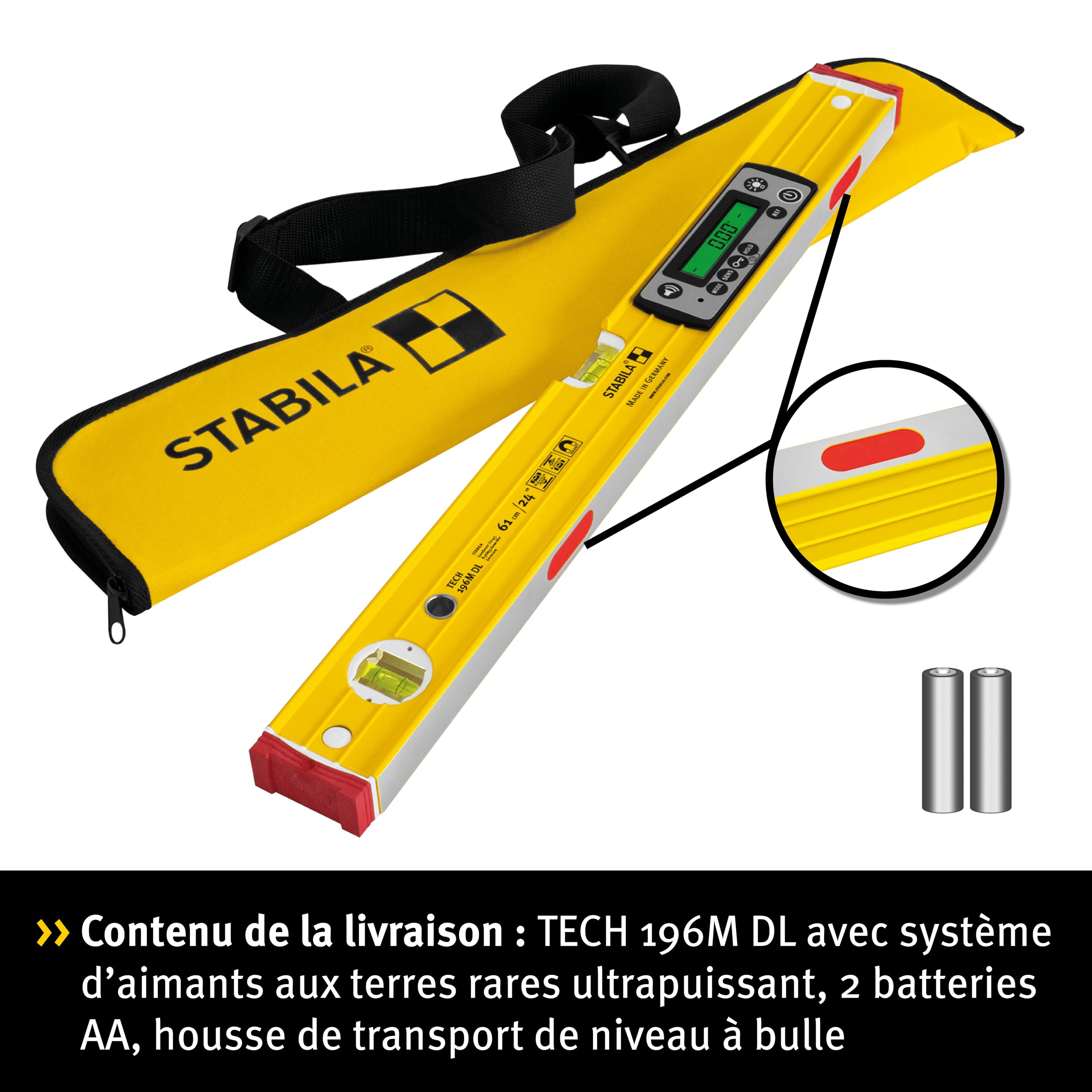 STABILA Niveau à bulle électronique TECH 196M DL - Niveau à bulle numérique étanche à l'eau et à la poussière selon IP 67-2 écrans numériques - Sans calibration - Avec sac - 61 cm