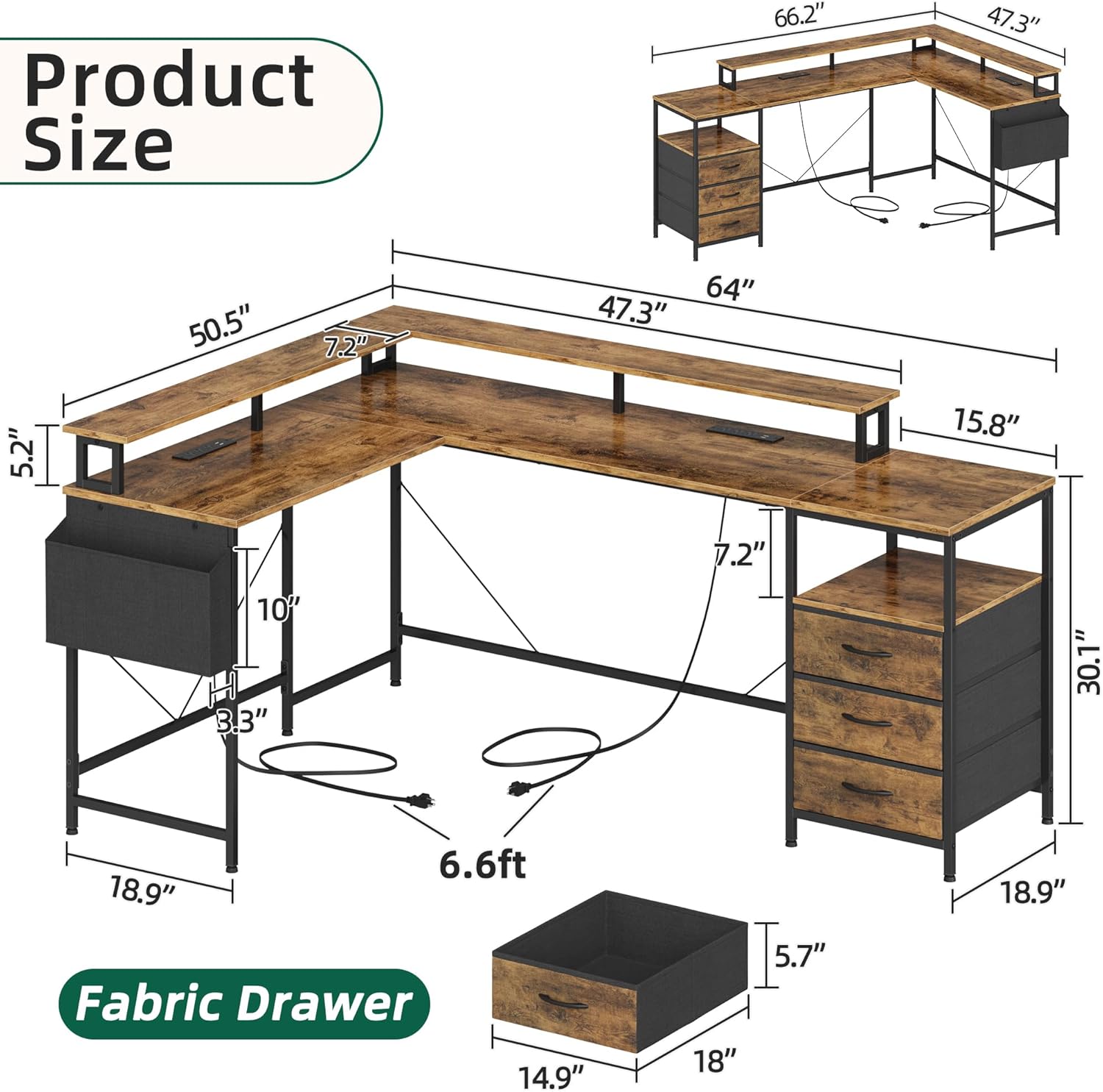 GYIIYUO L Shaped Desk 64+50 Inch, 2 Power Strips (6 AC) and LED, Large Gaming Table with 3 Fabric Drawers & 2 Monitor Stands, L Shape Computer Table, Sturdy Home Office Corner Desk, Rustic Brown - Image 2