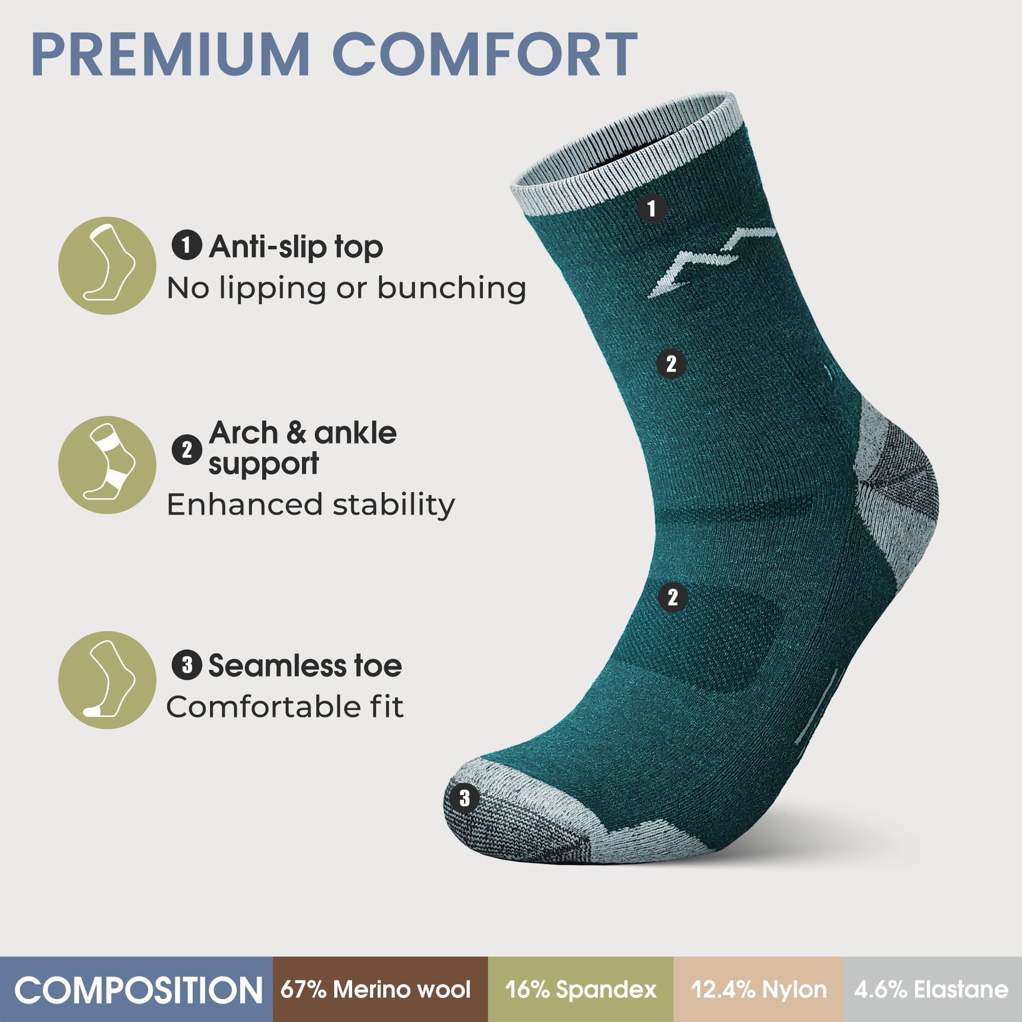 innotree Paquete de 3 calcetines de senderismo de lana merino para hombre, acolchados con micro tripulación, calcetines térmicos que absorben la humedad