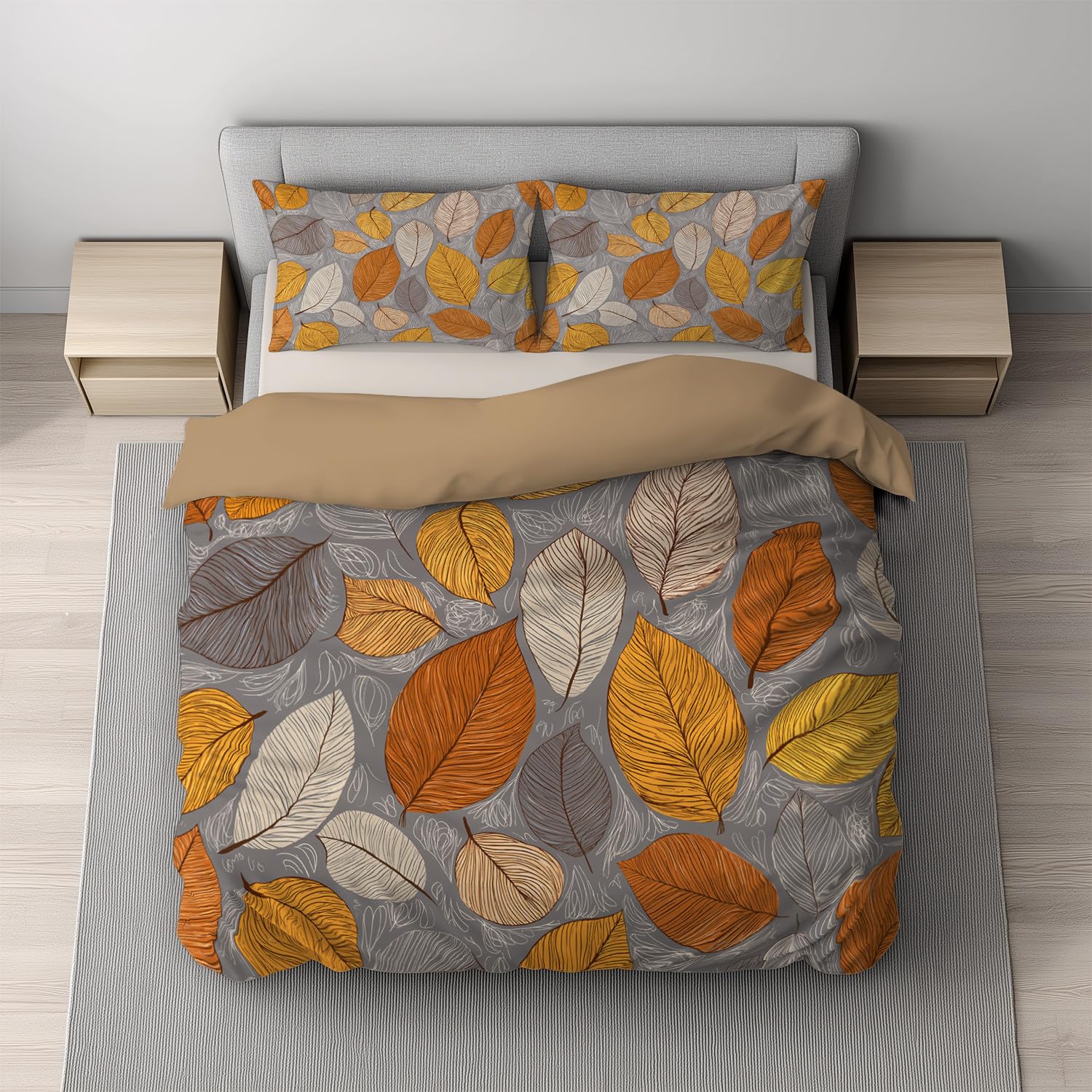 Parure de lit 2 personnes 240x260 cm marron châtaigne avec motif automne et 2 taies