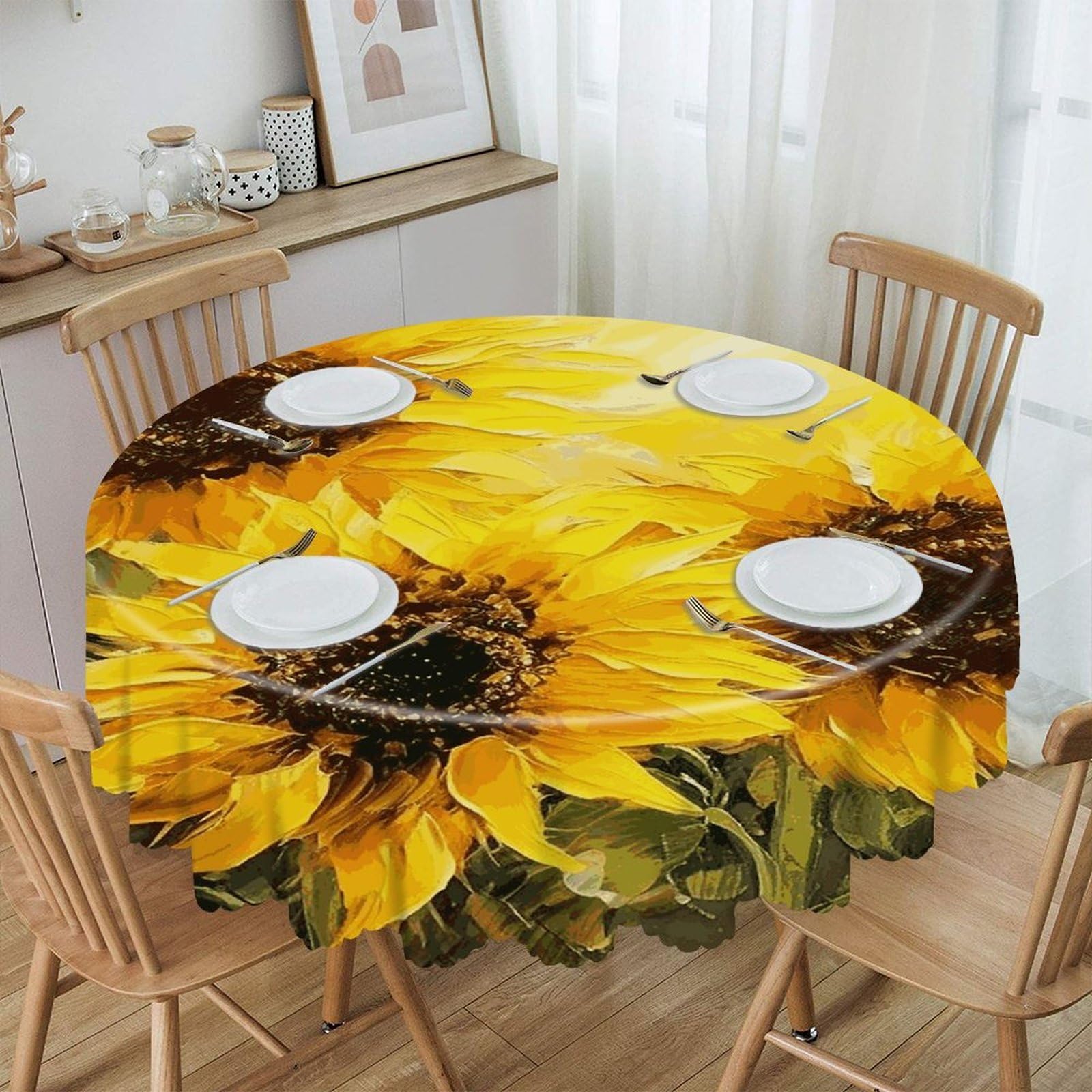 FekiLoot 60 Inch Round Yellow Sunflowers Tablecloth Waterproof Heavy Duty Polyester Table Cloth Spill-Proof Wipeable Table Cover Decorative Circle Dining Tablecover for Party Outdoor