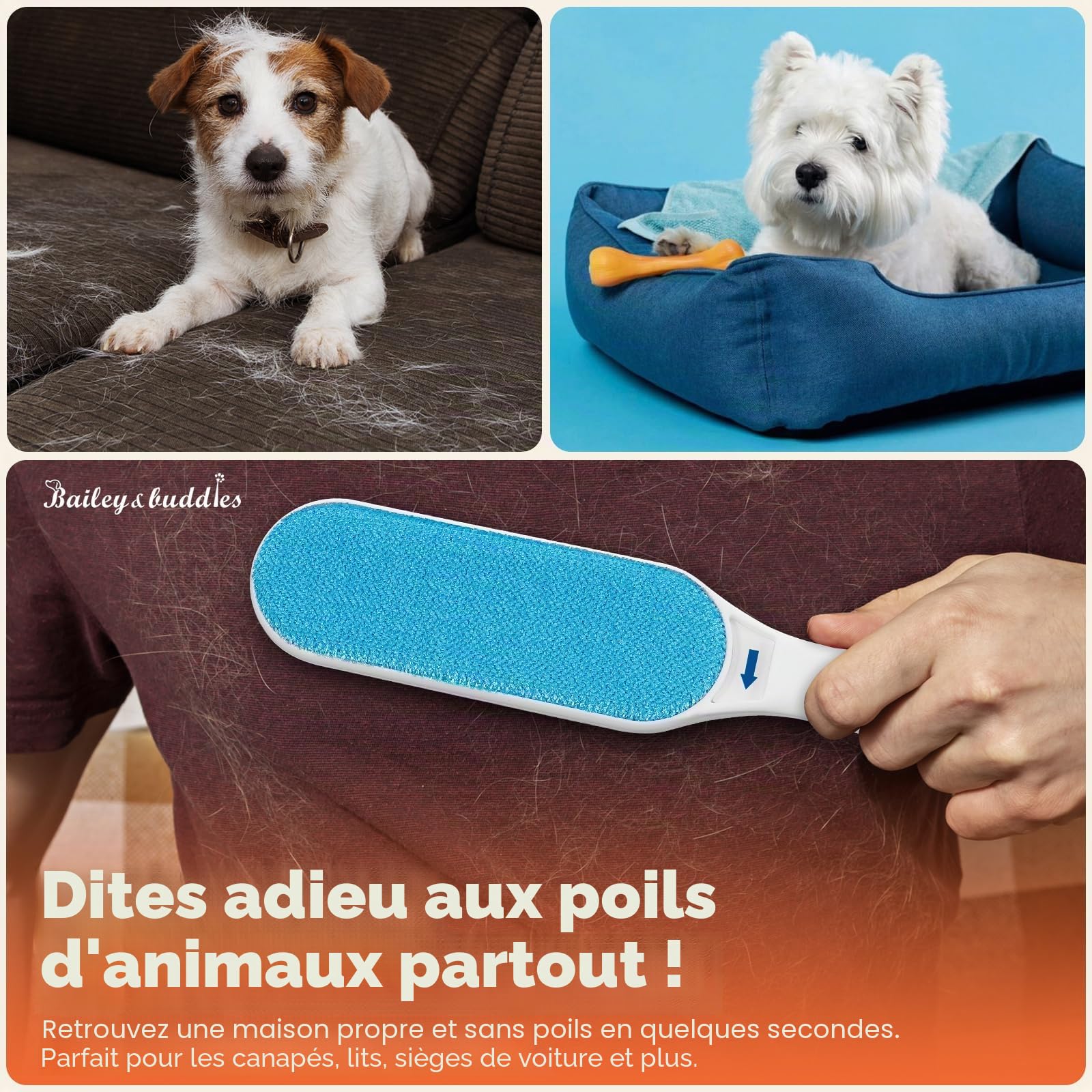 Bailey & buddies Brosse à poils d'animaux de compagnie, base autonettoyante, anti-peluches réutilisable, enlève les poils de chat et de chien, peluches de tapis et canapé, vêtements