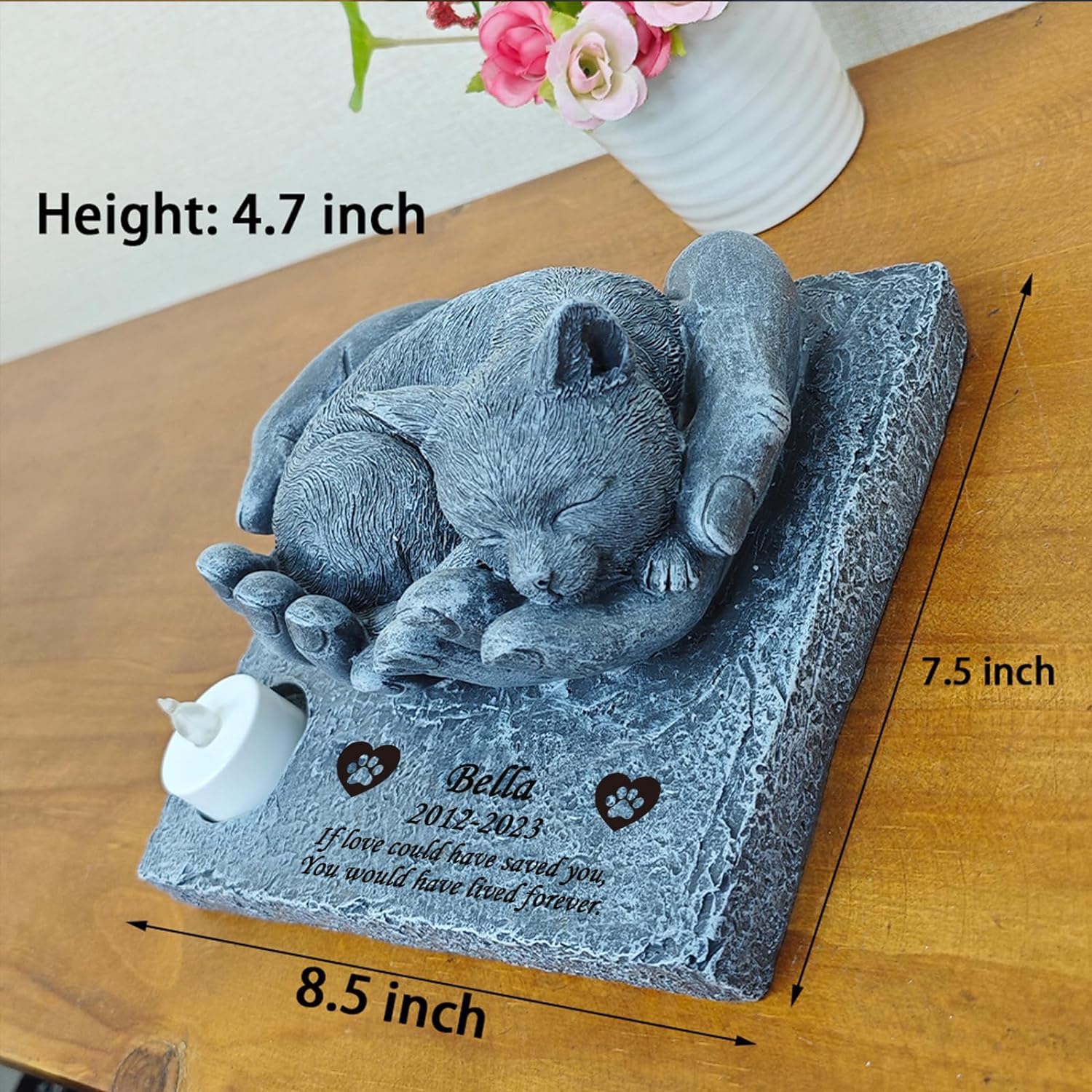 JHB Personalisierte Katzen Gedenksteine, lasergravierte 3D-Statue schlafende Katze, Wasserdicht Katze Grabstein, Katzen Gartensteine, Katze Grab Markierungen,Haustier-Grabstein Kitty, Katzen-Andenken