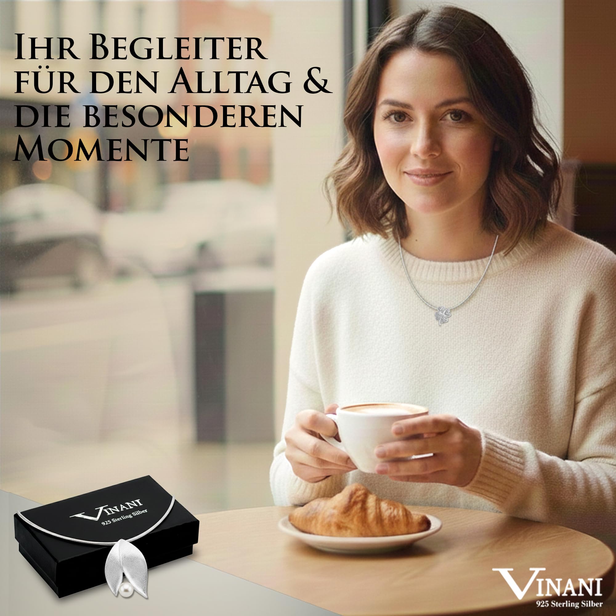 Vinani Damen Halskette 925 Silber mit Kleeblatt Anhänger Zirkonia AKG