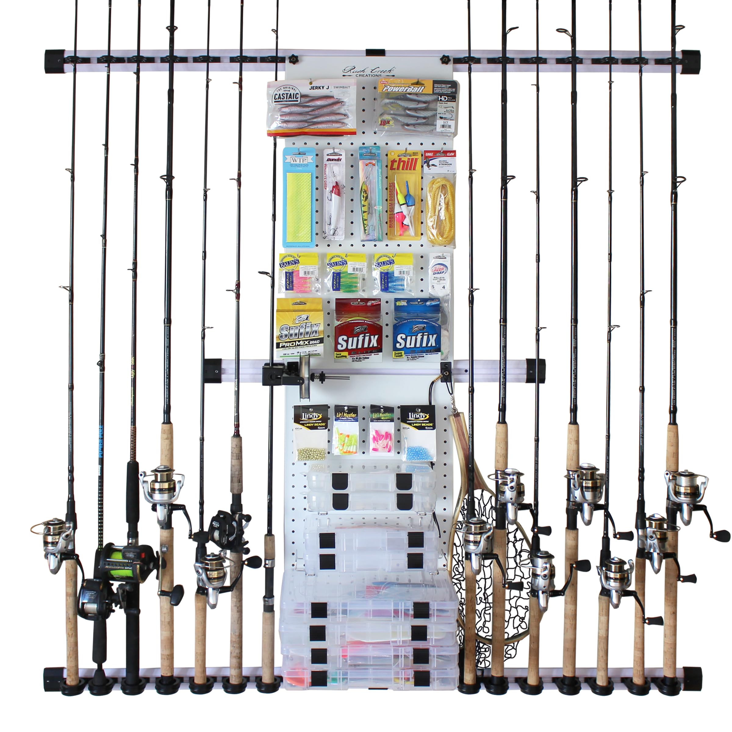Rush Creek Creations - Fishing Rod Holder for Garage, Fishing Pole Rack Wall Mount & Tackle Storage, No Limit Vertical Fishing Rod Rack Holder,