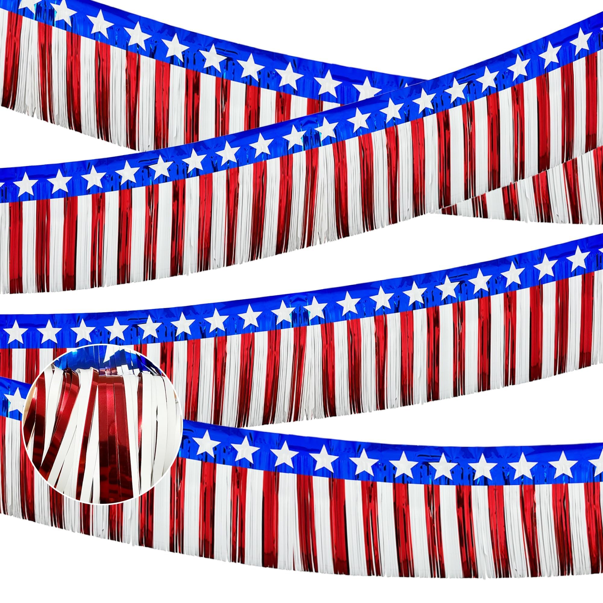4 Pack 39Ft 4th of July Parade Floats for Trailer Car, Flag Stripes and Stars Foil Fringe Garland Tinsel Streamers Banner Table Skirts for 4th of July Graduation Homecoming Birthday Party (Star)