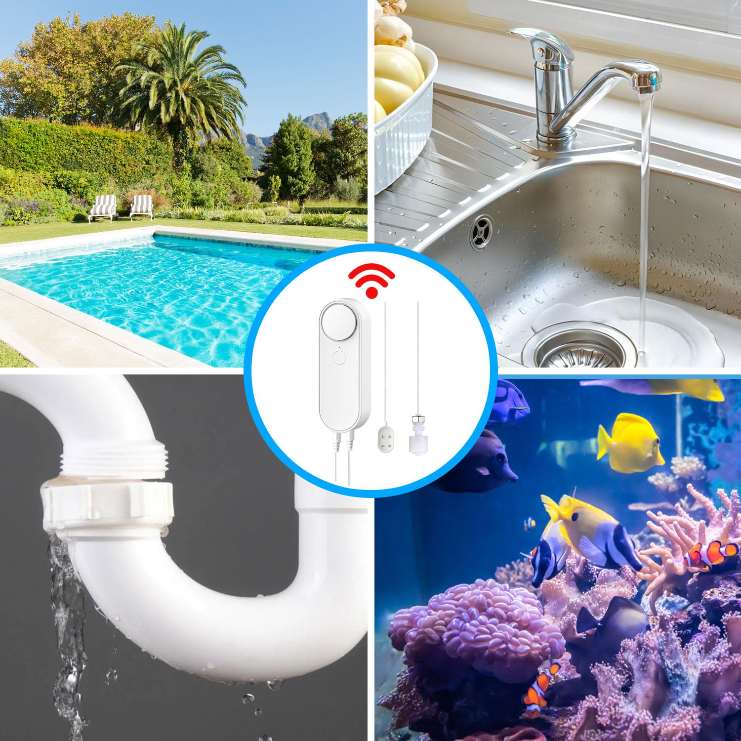 Mengshen WiFi Detektor wycieku wody i poziomu wody, 2-w-1 Tuya Smart Alarm Głośny APP Monitoring alarmu z 6,5-stopową linią wykrywania do pływającego akwarium