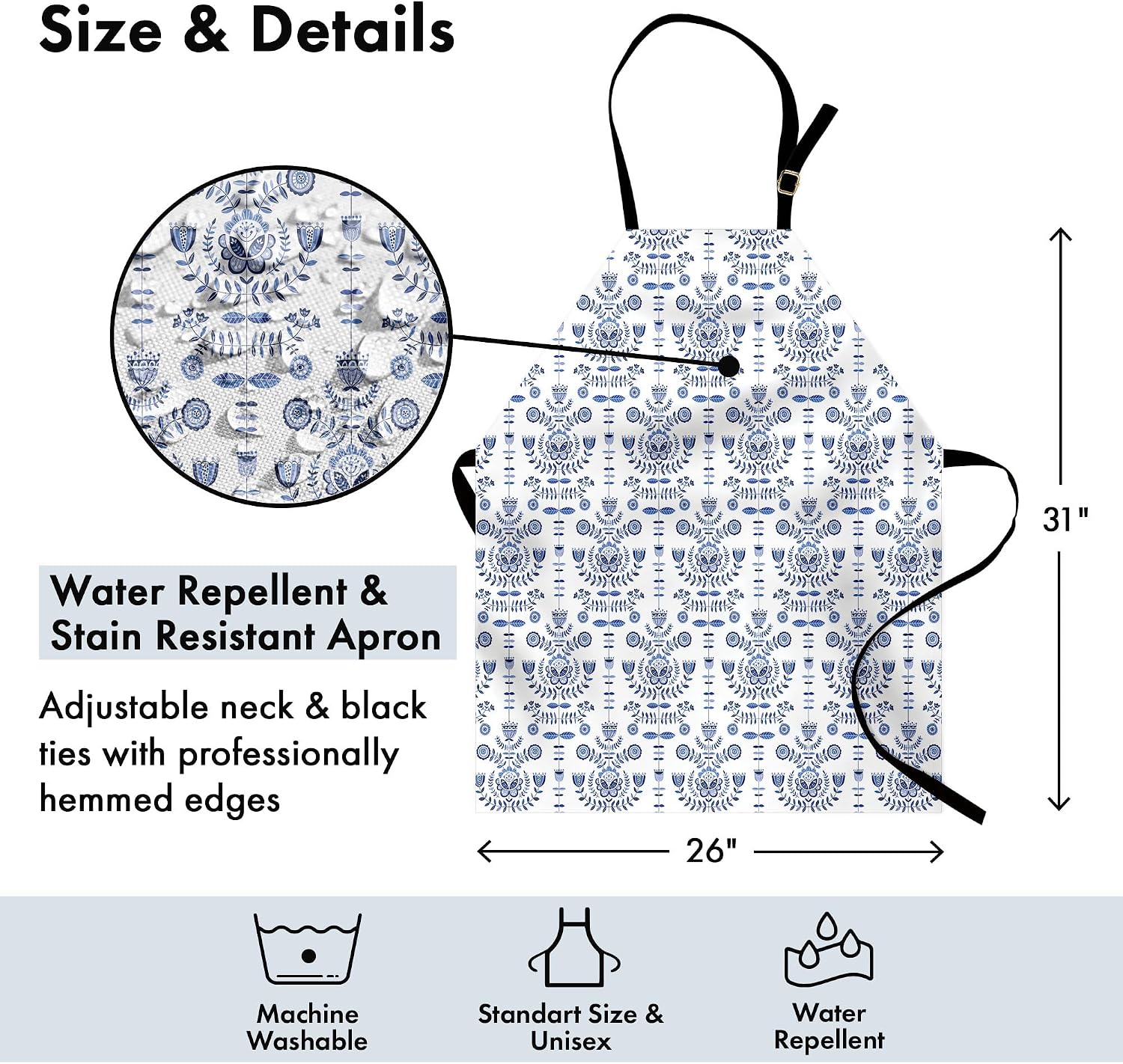 Lunarable Delft Apron, Ethnic Traditional Dutch Themed Branches of Flower Petals Folk Illustration, Unisex Kitchen Bib with Adjustable Neck for Cooking Gardening, Adult Size, White and Ceil Blue