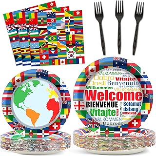 International Flags Welcome Party Plates Napkins Forks World Flags Tableware Around the World Globe Dinnerware Travel Trip Supply for Sports Events Club Classroom Birthday Parties Decoration Serve 24