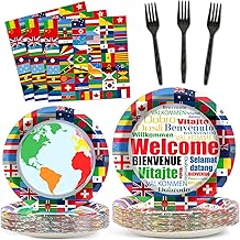 International Flags Welcome Party Plates Napkins Forks World Flags Tableware Around the World Globe Dinnerware Travel Trip Supply for Sports Events Club Classroom Birthday Parties Decoration Serve 24