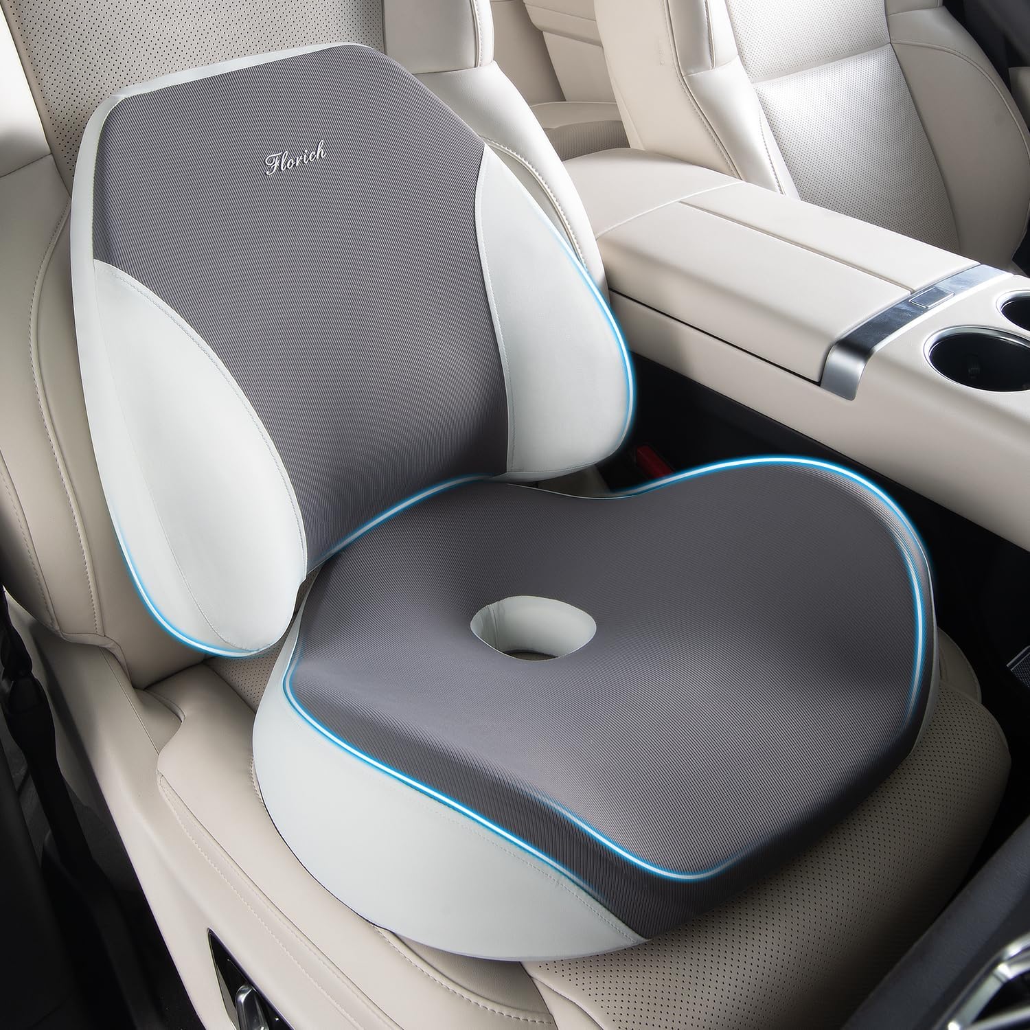 FLORICH Lumbar Support Pillow and Car Seat Cushion for Driving Car Office Chair, Memory Foam Back Support Pillow and Office Seat Chair Cushion for Sciatica Pain Relief - Grey Seat Cushion+lumbar Support - Gray - Image 1 of 7