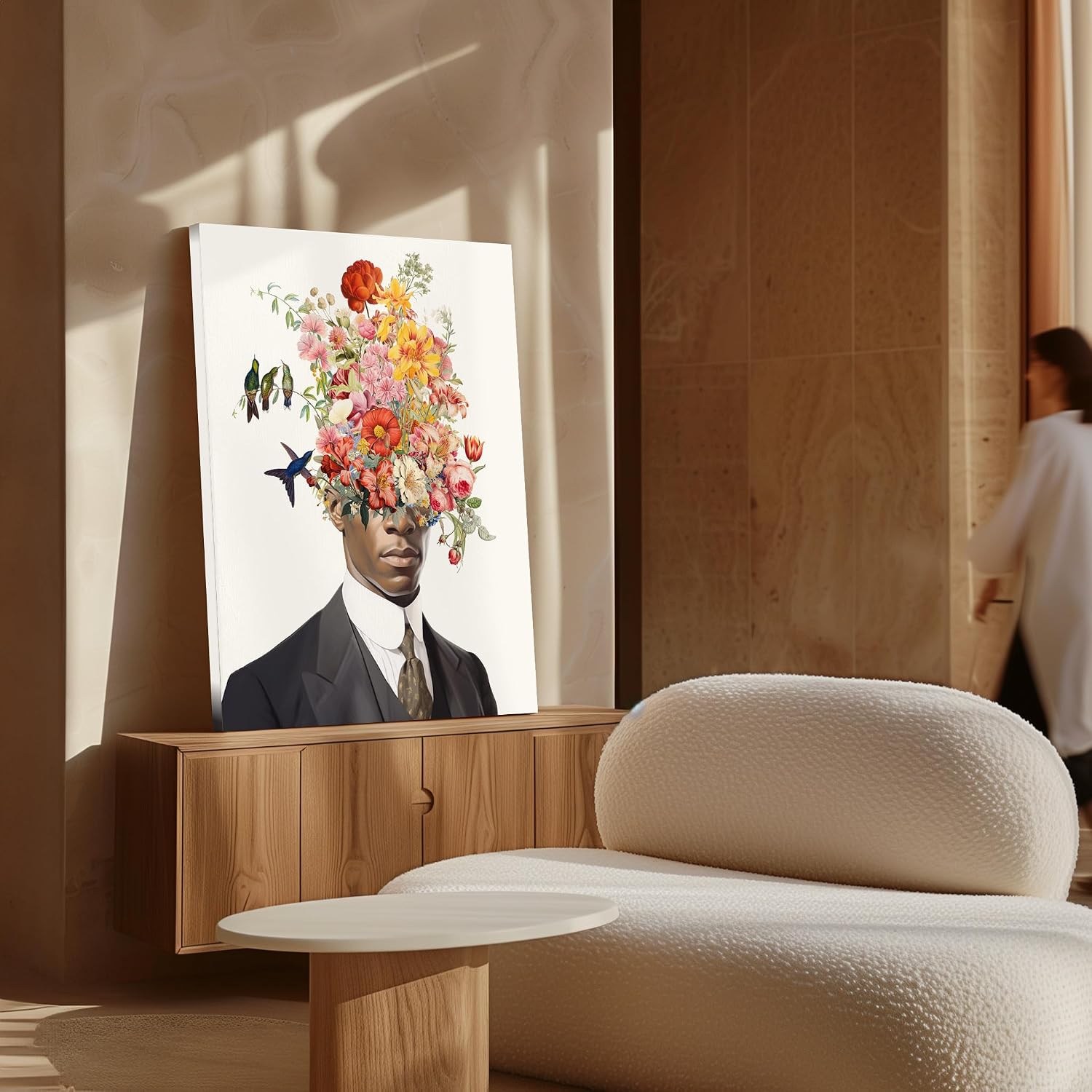 Poster Master Man Portrait Canvas - Retro Flowery Head Print - Flower Collage Art - Trippy Floral Wall Design - Modern Art - Aesthetic Office or Living Room Wall Decor - 8x10 STRETCHED Canvas