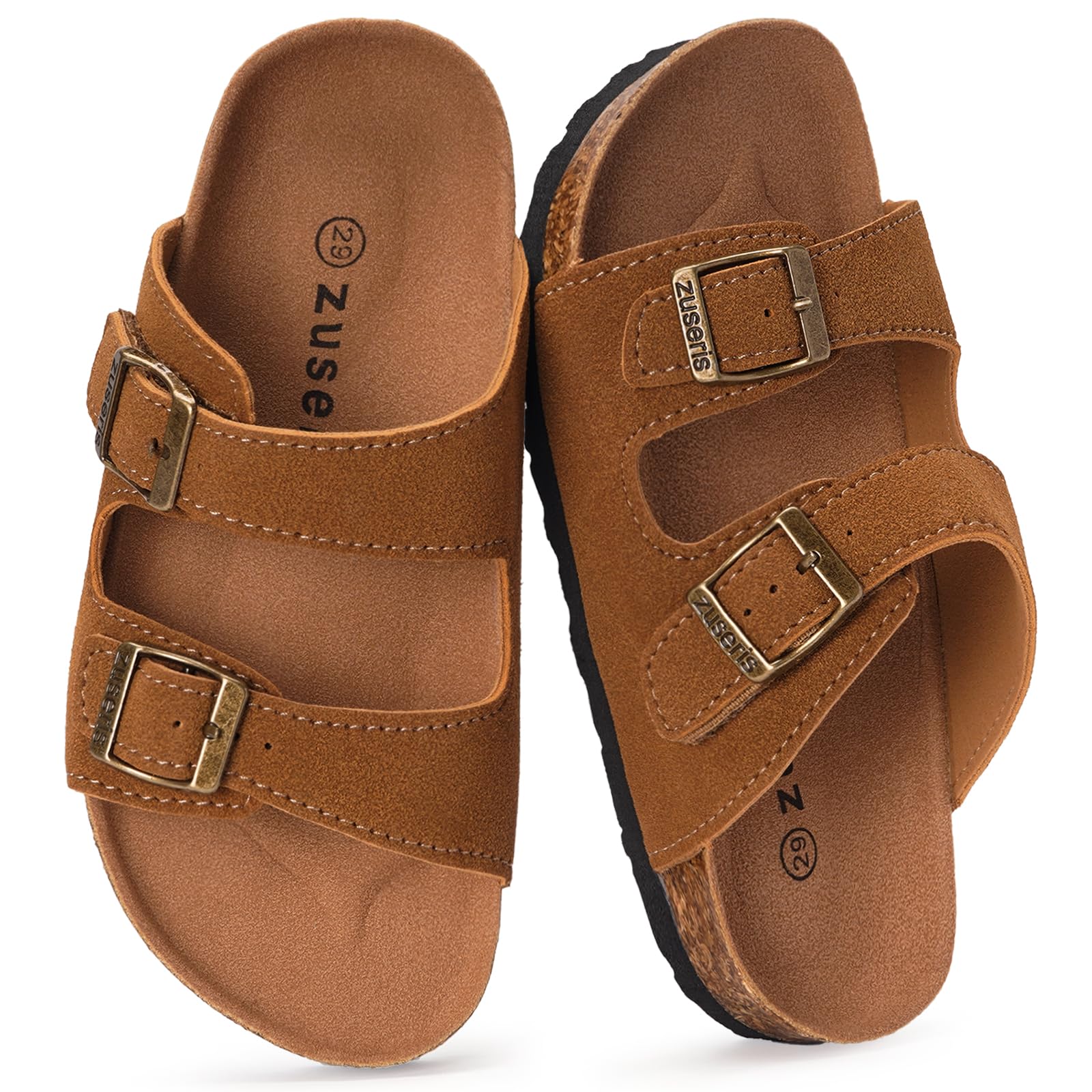 ZUSERIS Kids Toddler Sandals Boys Girls Cork Footbed Slides Summer Double Buckle Slippers Comfort Suede Leather Flat for Indoor Outdoor with