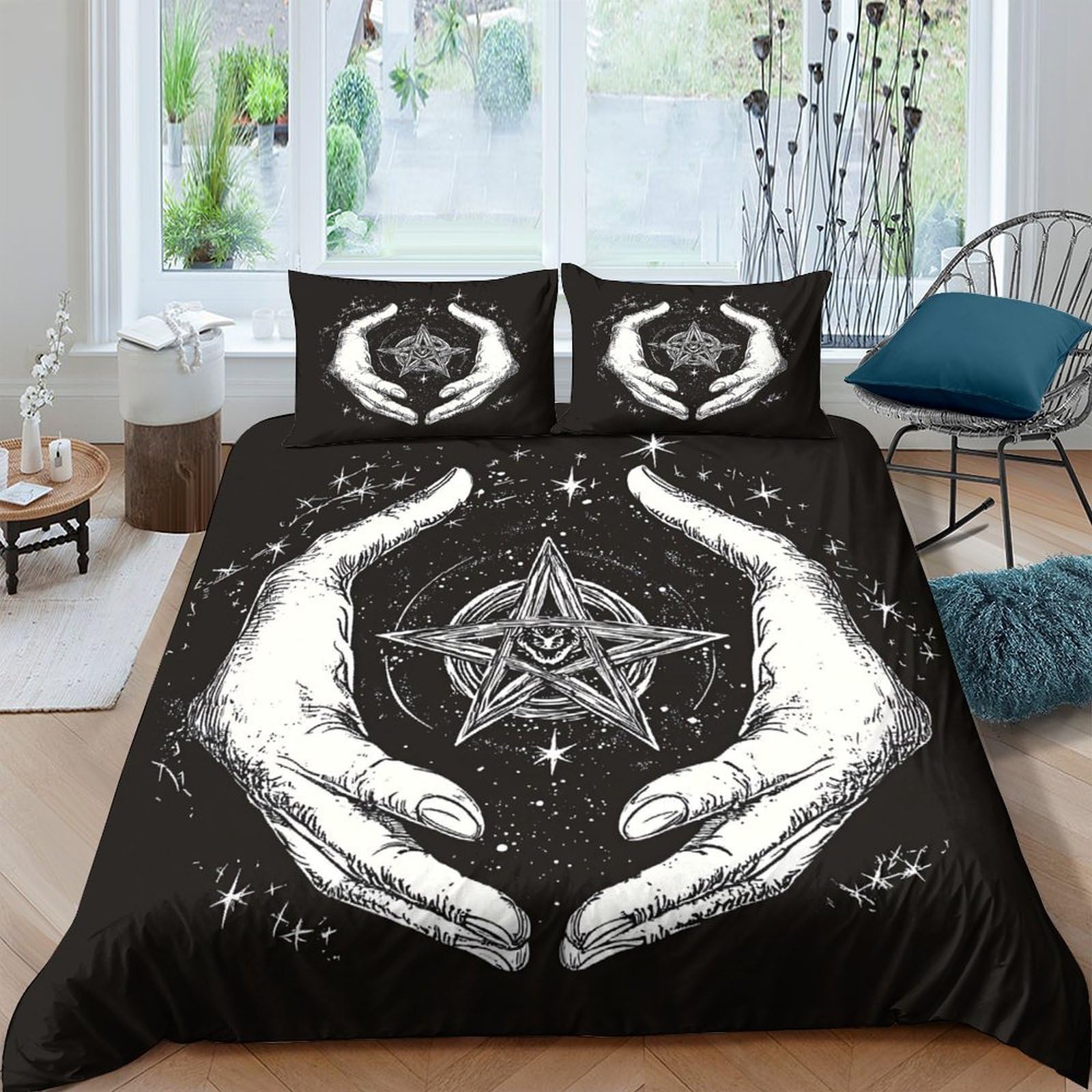 Ctjqhvkz Style-4 3D Printed Mystic Hand Fitted Sheet Microfiber Soft Black White Pentagram Bed Cover For Bedroom Dorm Mattress Decor Single（135X200cm）