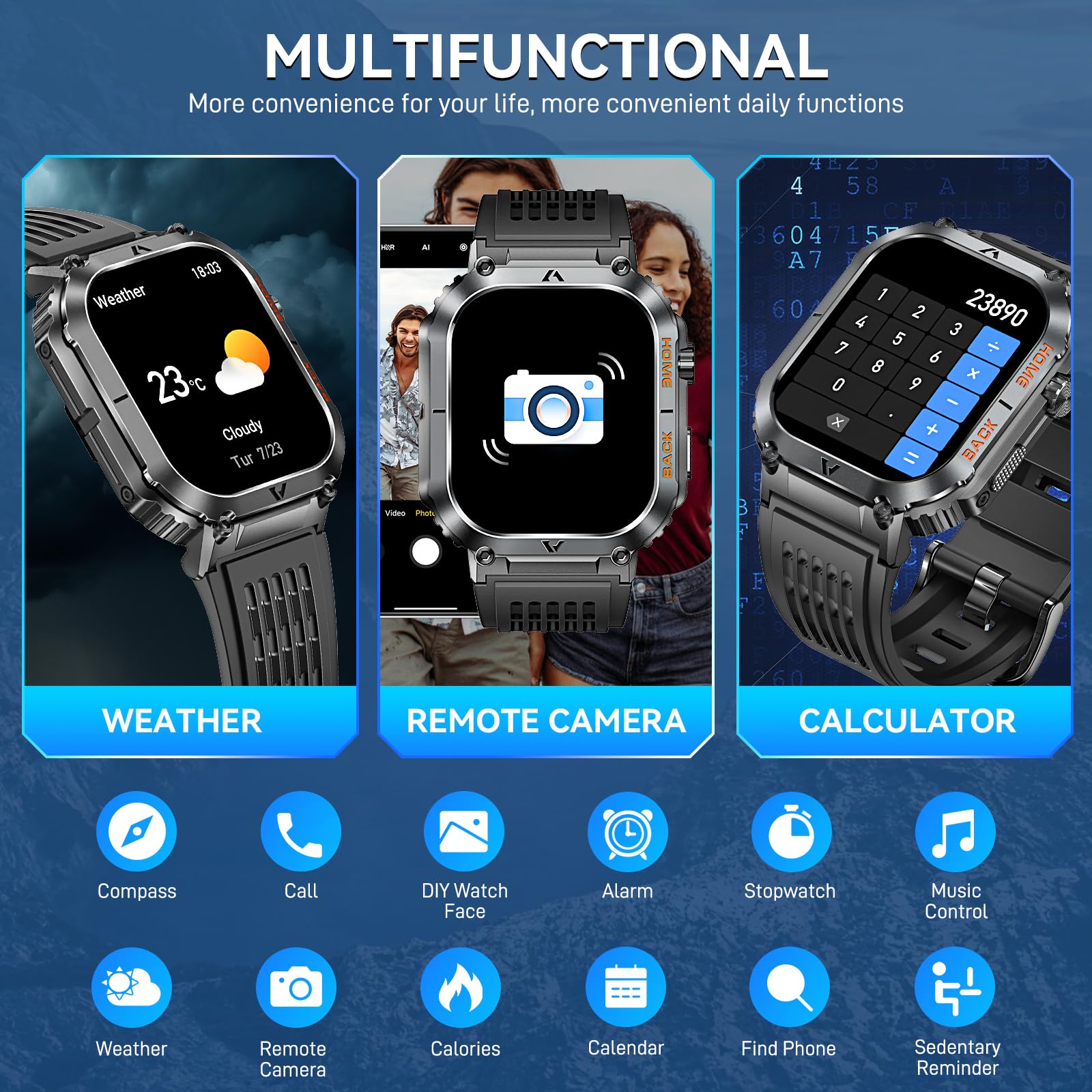 JELLOO Męski smartwatch z połączeniem Bluetooth 2.02'' HD 5 ATM, wodoodporny, wojskowy smartwatch z 110 trybami sportowymi, krokomierz, kalorie, puls, monitor, zdrowie dla systemu Android iOS