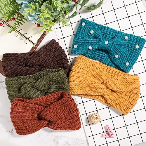 Miniatura 4 de Whaline - 5 diademas tejidas, calentadores de orejas, banda para cabeza, para mujeres y niñas