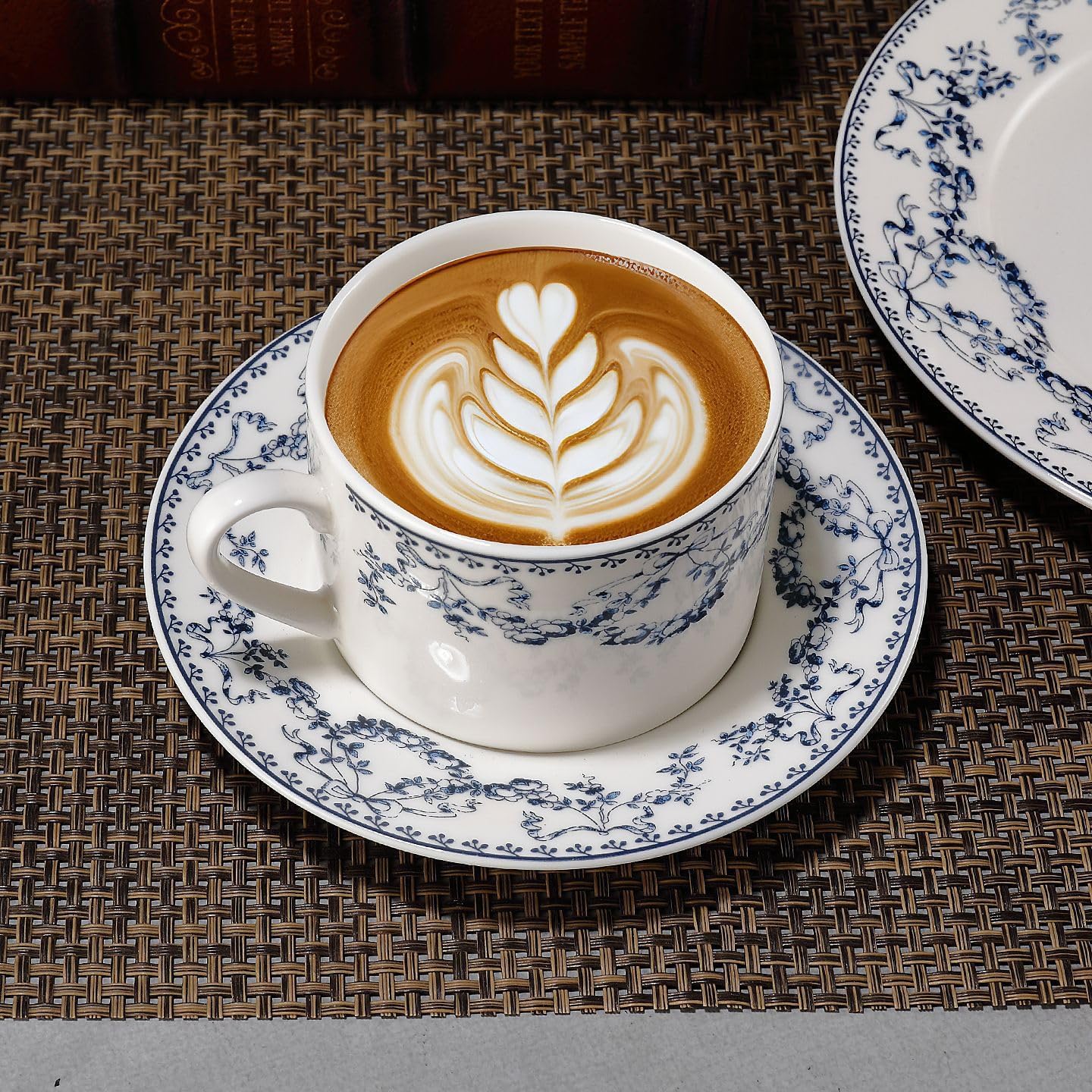 fanquare 8 oz Blue Floral Coffee Cup and Saucer Set, Hand-Printed Bow Flower Procelain Tea Cups for Espresso Latte Cappuccino Home Tea Party Gifting