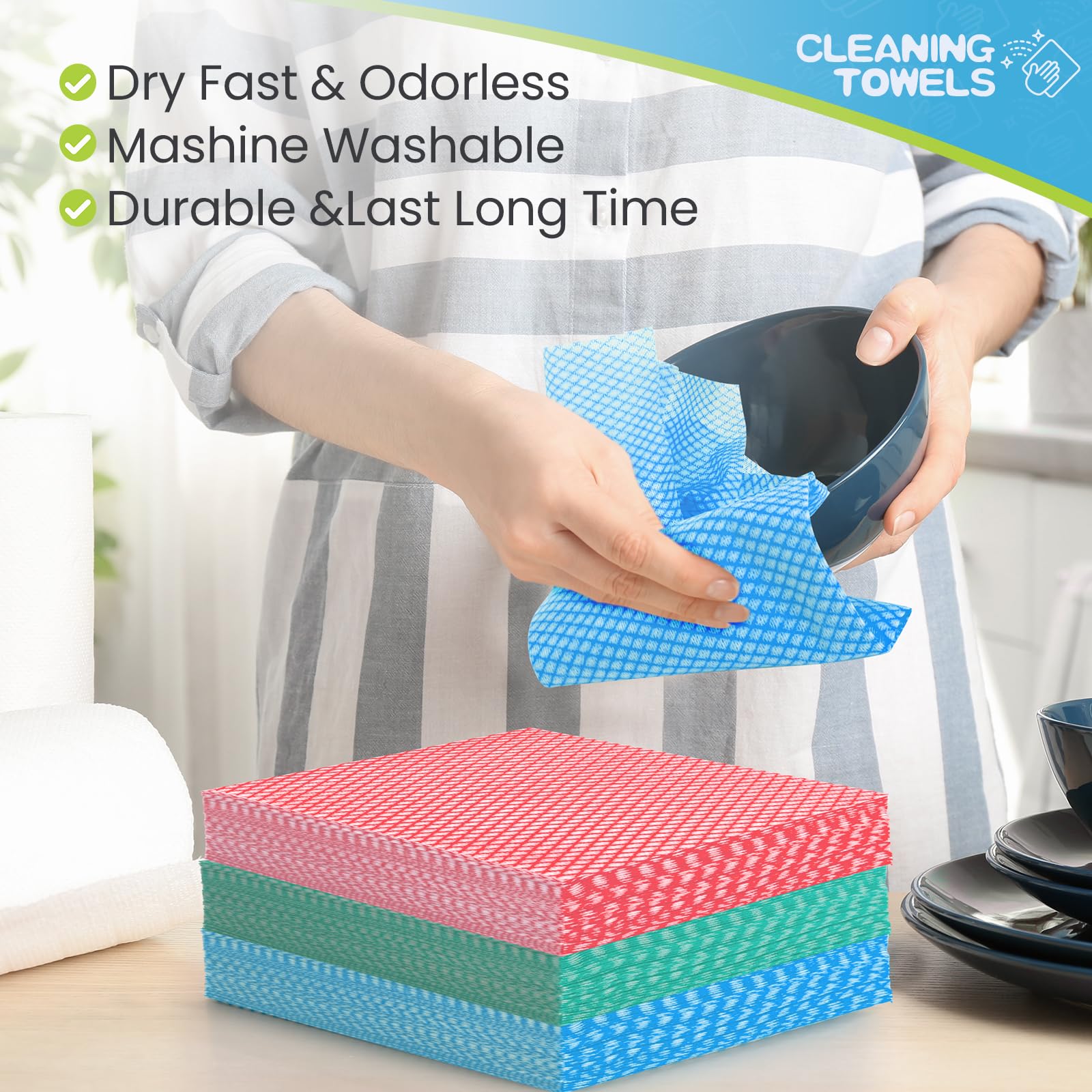 Tioncy 300 paños desechables para cocina, paños de limpieza desechables y toallas prácticas toallitas de limpieza, trapos desechables para cocina y oficina (rojo, verde, azul)