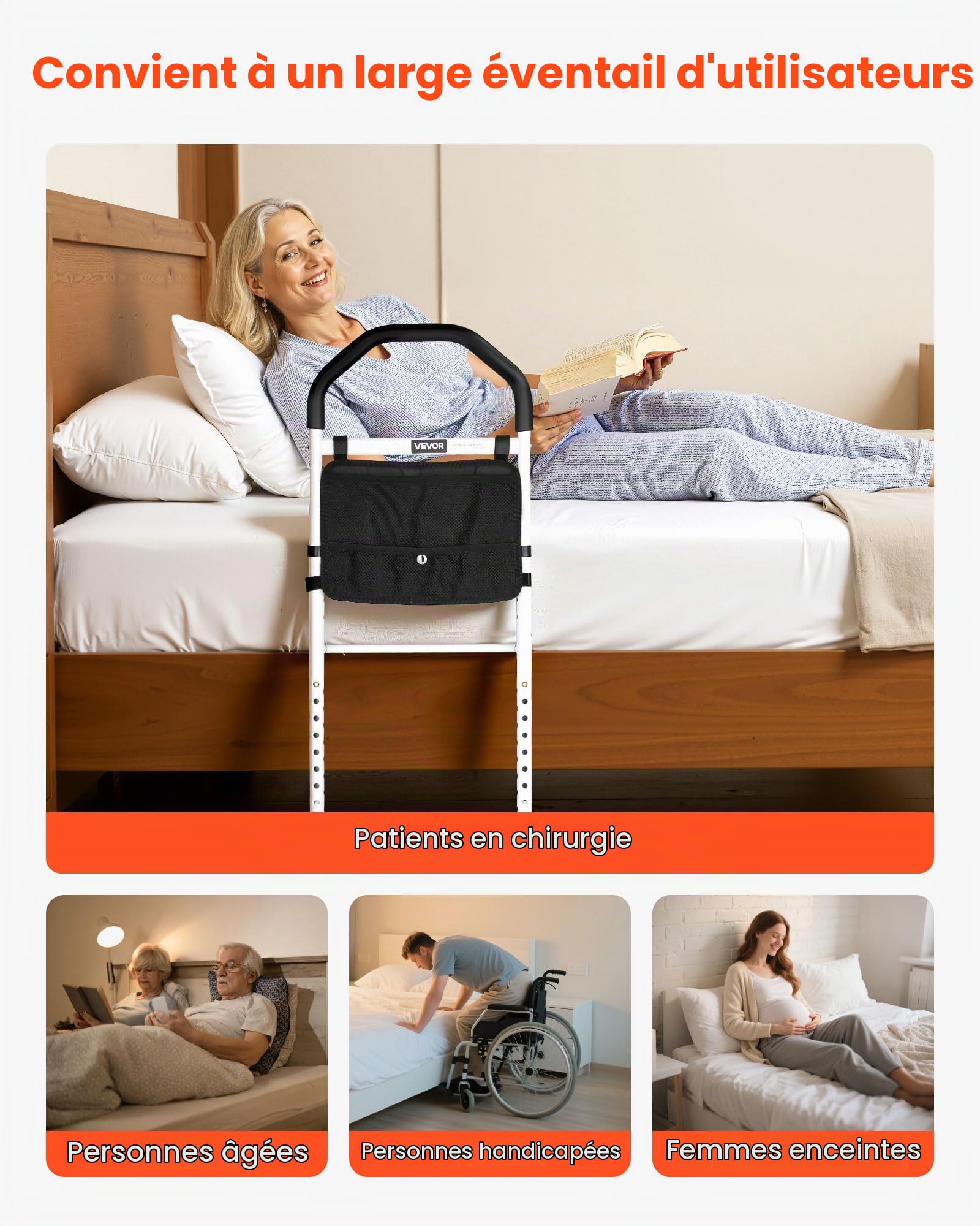 VEVOR Barrière de lit pour Personnes âgées, Barre d’Appui pour lit avec Pied de Support et Main Courante en PU, Hauteur réglable, Tube en Acier au Carbone, Rampe d'assistance de Chevet pour Patients