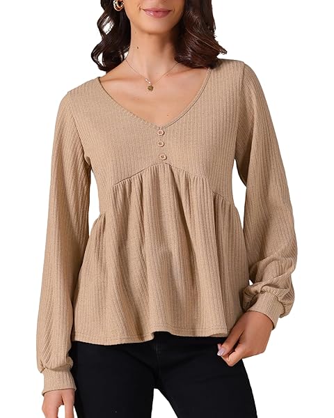 Allegra K Women's Knit Peplum Top V Neck Long Sleeve Ruffle Hem Pullover Sweater
