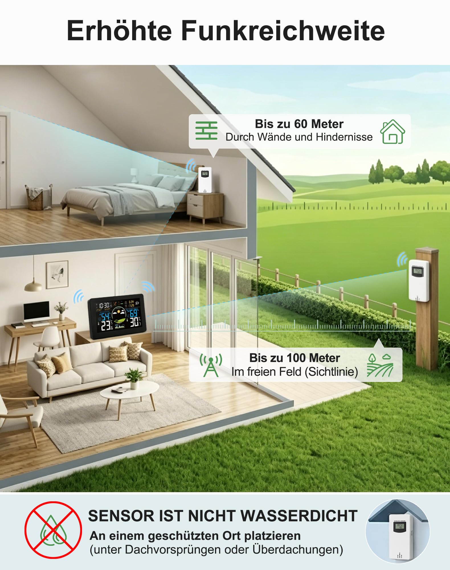 VIFLYKOO Wetterstation Funk mit Außensensor, Thermometer & Hygrometer, Wettervorhersage, Luftdruck, DCF Funkuhr, VA-Display, Batterie- & Netzbetrieb, für Innen & Außen, Schwarz