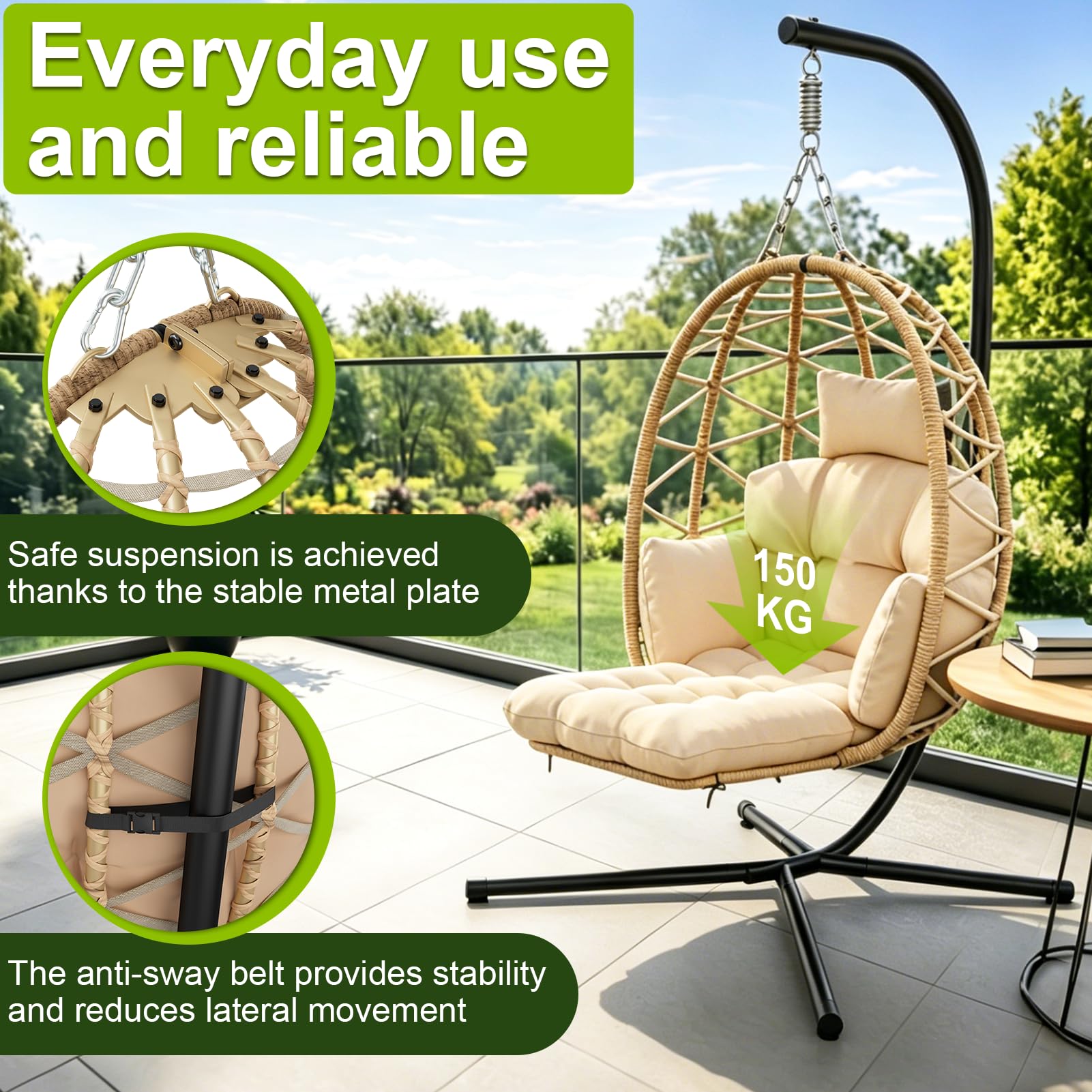 Silla Colgante con Estructura, Silla Colgante Huevo con Reposapiés, Desmontable Cojines Gruesos, Sillon Colgante para Interior & Exterior, Egg Chair Jardín, Balcón, Terraza, Hasta 150 kg - Beige