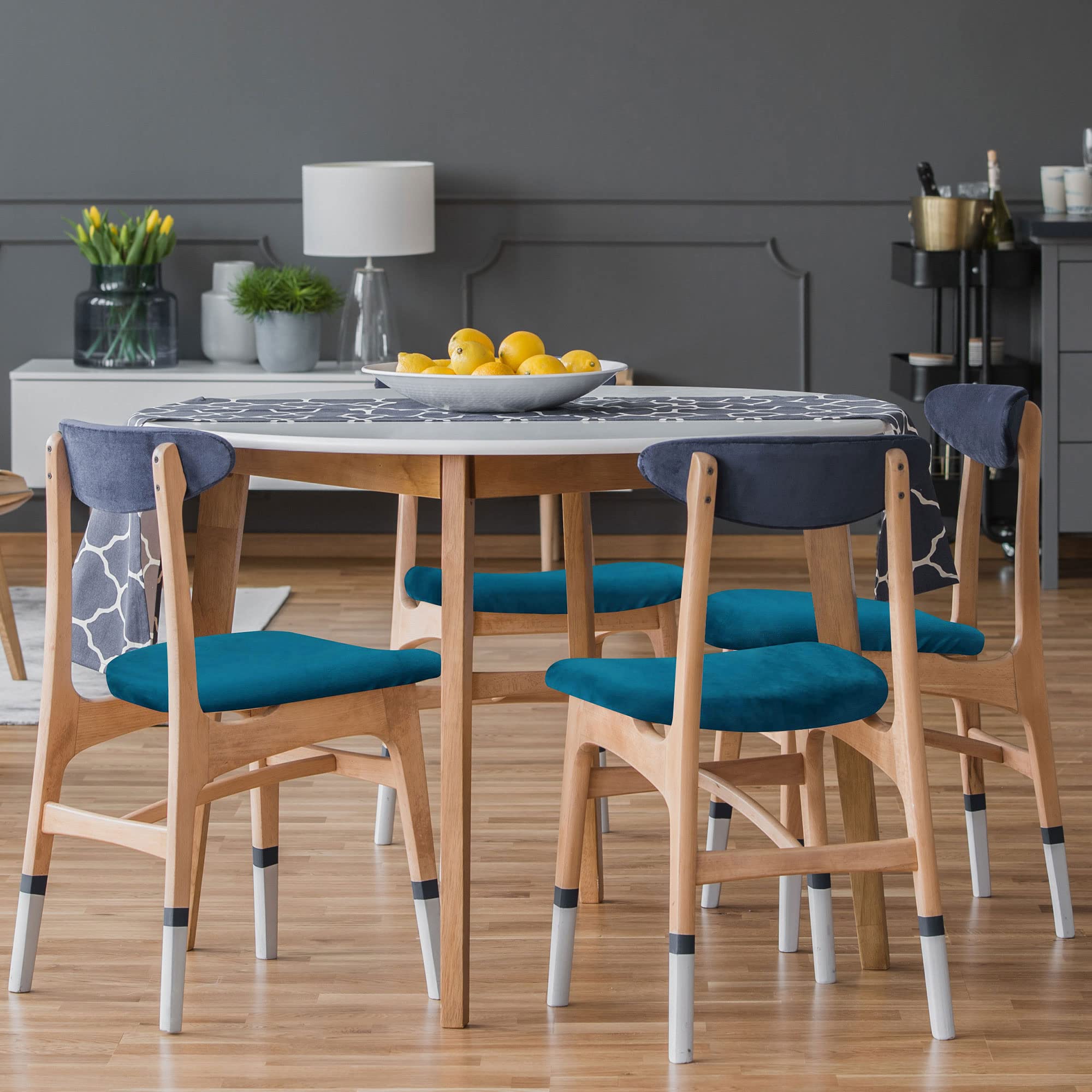 PiccoCasa Esszimmerstuhl-Sitzbezüge, Samt, Stuhlbezug mit Bändern für Esszimmer, dehnbar, Esszimmerstuhlbezüge für Hochzeitshotel, abnehmbar, waschbar, Pfauenblau, 6 Stück
