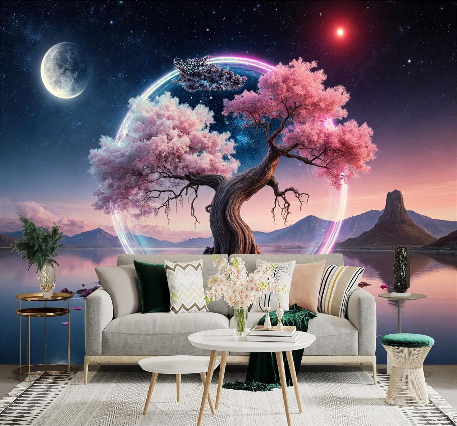 XLMING Dreamlike Pink Cherry Blossom Trees The Moon Lakes Mountains 3D Wallpaper Silky Texture Home Study Office Grey Dining Room Sofa Bedroom Living Room TV Backdrop-430cm×300cm