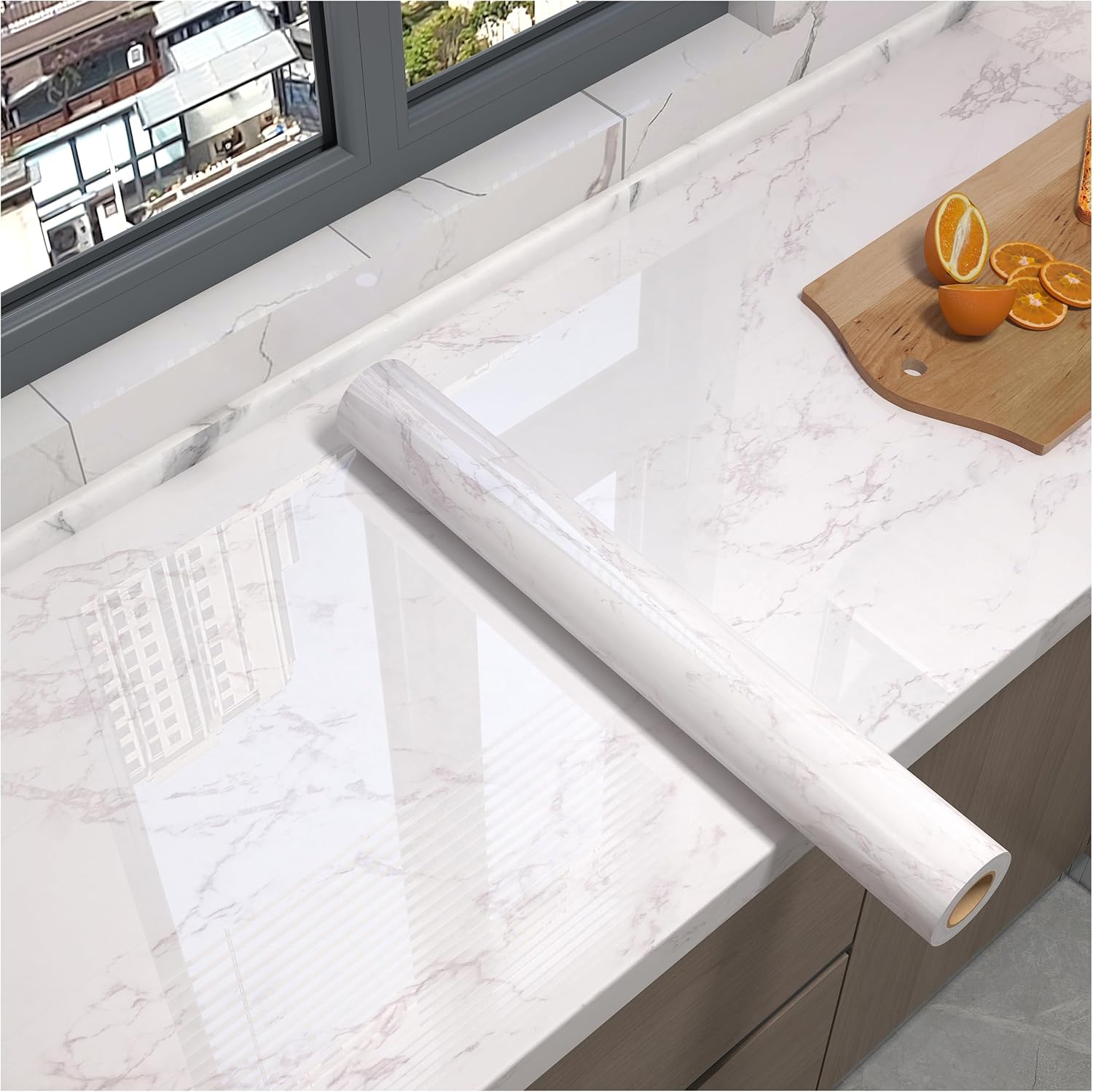 White/Gray Glossy Marble Contact Paper Wallpaper 15.8"x197" Peel and Stick Wallpaper Self Adhesive Thick Removable Waterproof DIY Vinyl Film for Kitchen Countertops Cabinet Furniture Refurbishment 15.8" x 197"