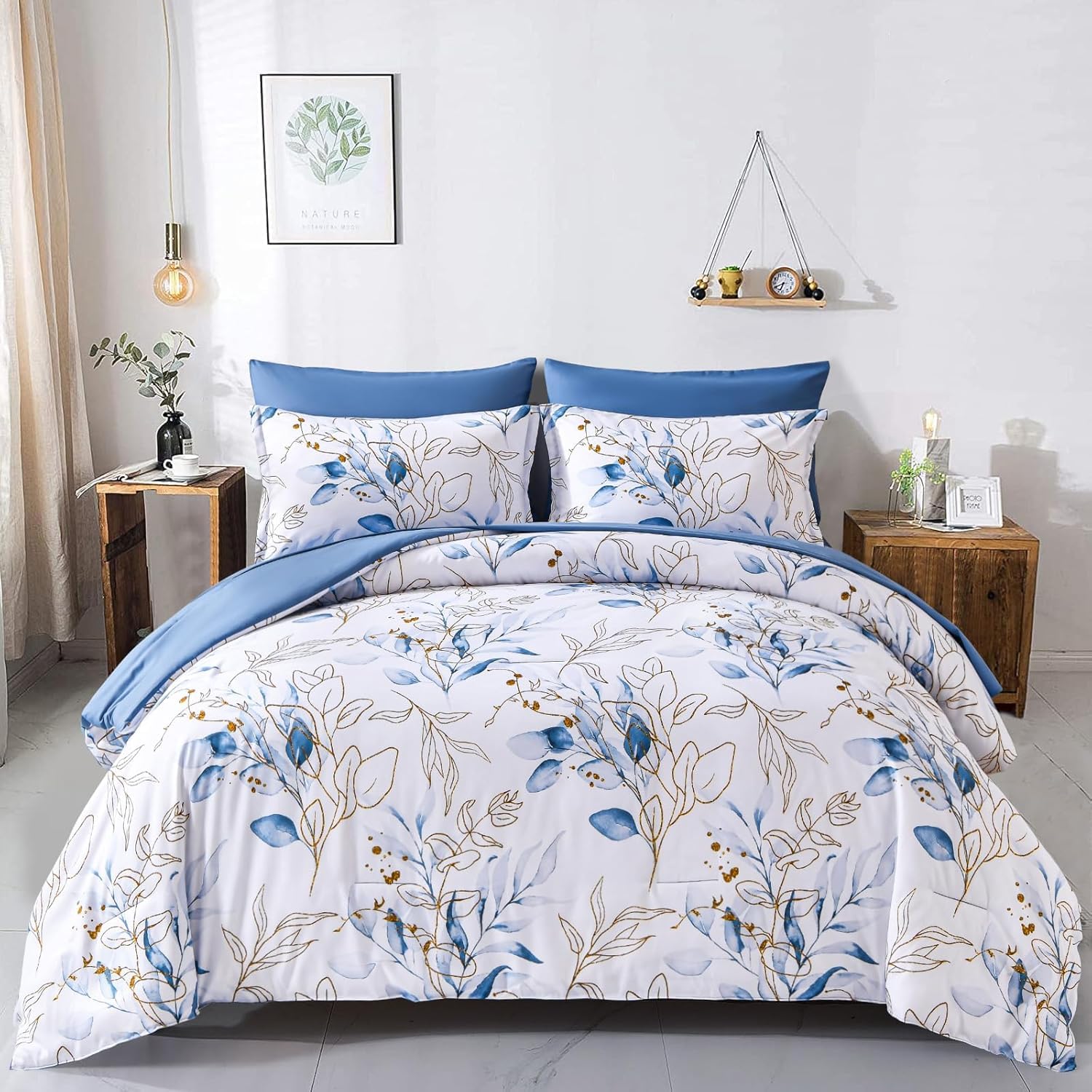 WONGS BEDDING 7 Pieces Blue Floral Bed in a Bag King, Botanical Comforter Set Reversible Blue Gold Leaves Bedding Set King (1 Comforter,2 Pillowcase,2 Pillow Shams,1 Flat Sheet,1 Fitted Sheet)