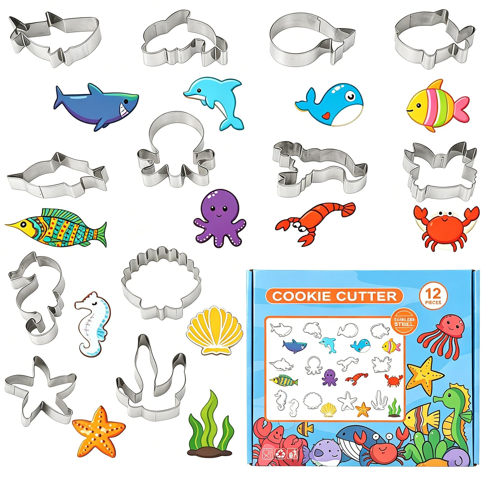 Consnew 12 Pcs Sea Animal Cookie Cutters Set, Stainless Steel Ocean Marine Life Shaped Biscuit Molds, Including Shark, Dolphin, Fish, Octopus, Crab, Seahorse, Starfish for DIY Fondant, Family Baking