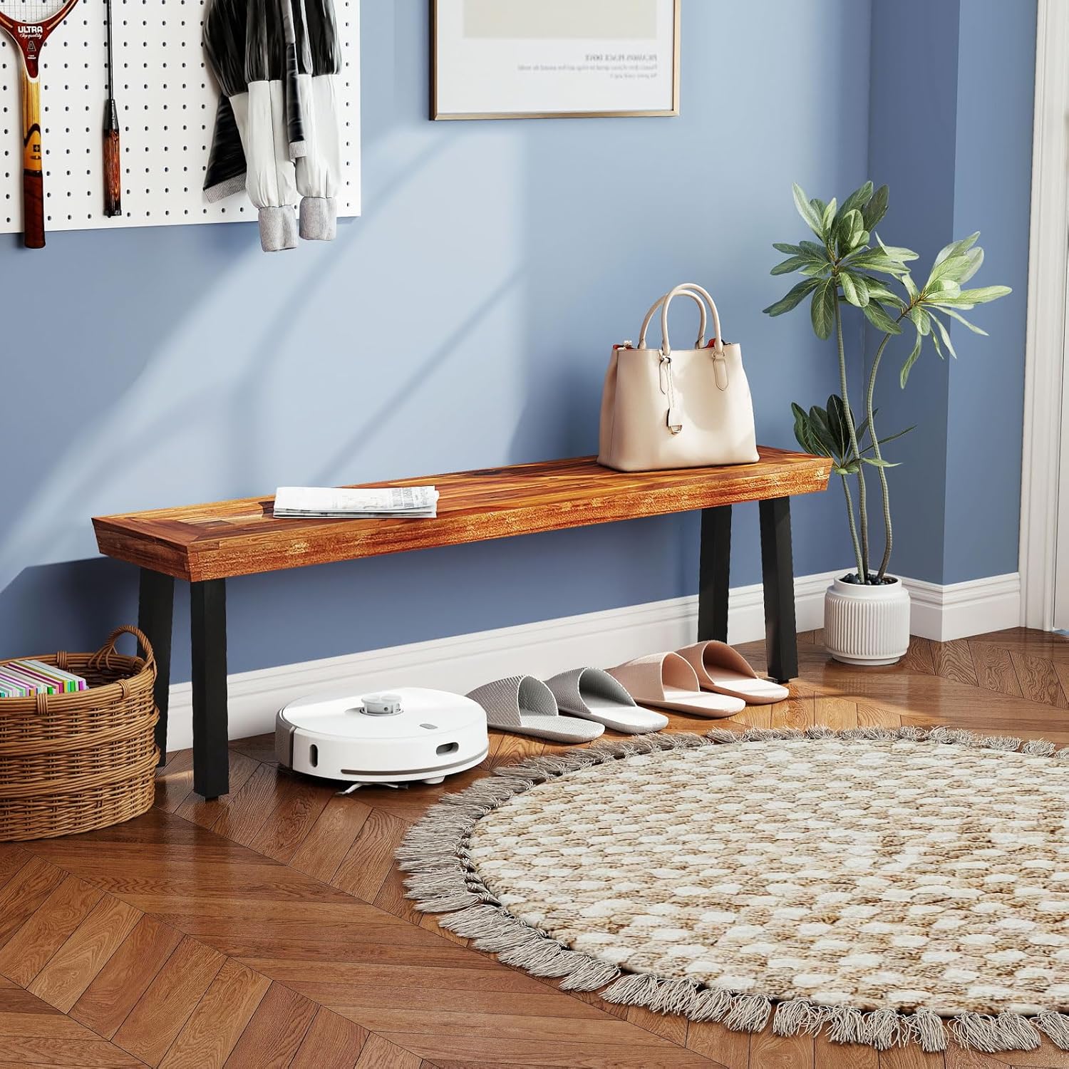 RELAX4LIFE 60’’ Outdoor Bench Acacia Wood, 3-Person Backless Patio Benches with Heavy Duty Metal Frame, Wooden Picnic Dining Garden Bench for Outside Backyard Park Porch, 800 LBS Weight Capacity