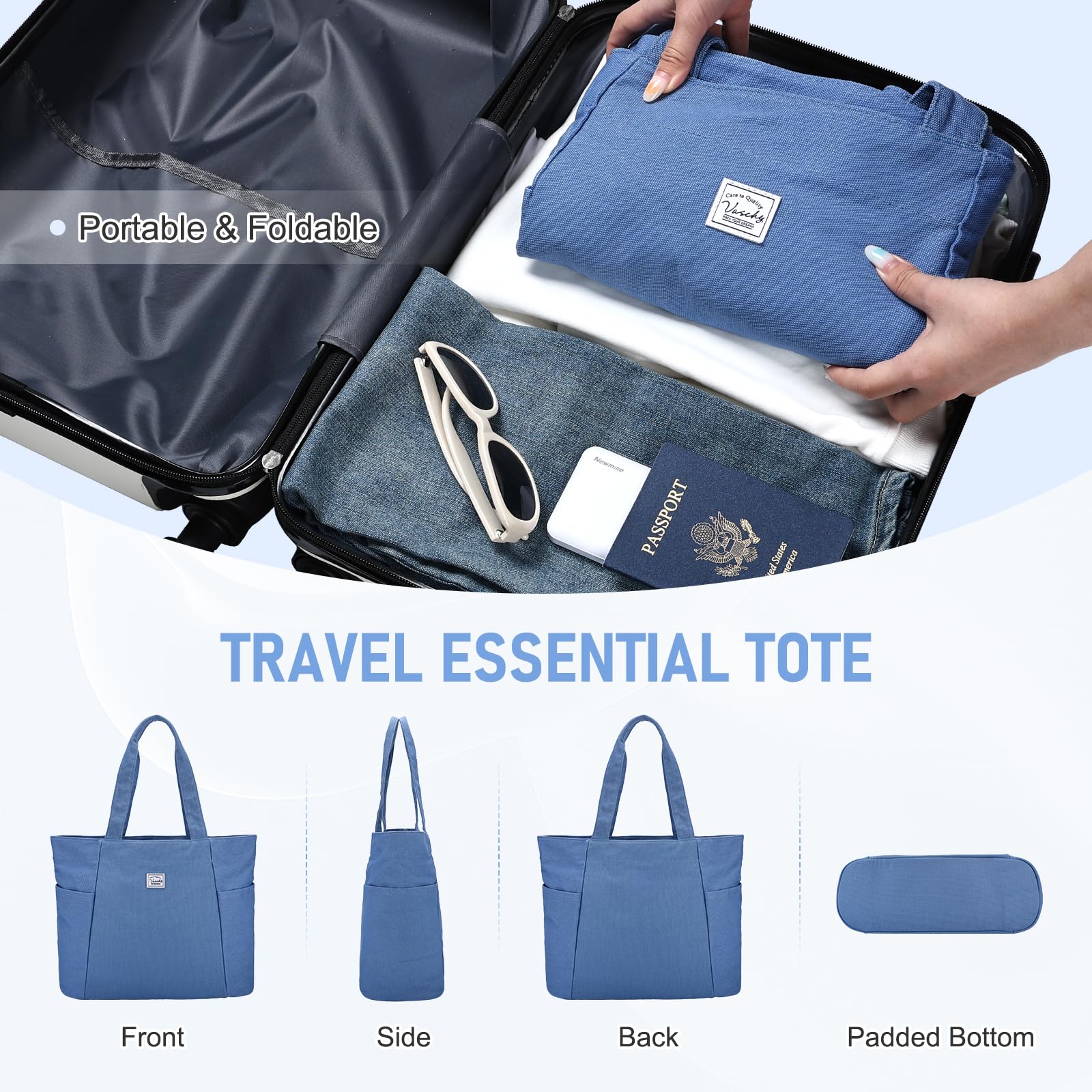 VASCHY Tote Bag Grande Ligera de Tela, Bolso Universidad Mujer Resistente con Múltiples Bolsillos para Oficina Colegio Trabajo Profesor Viaje Gimnasio