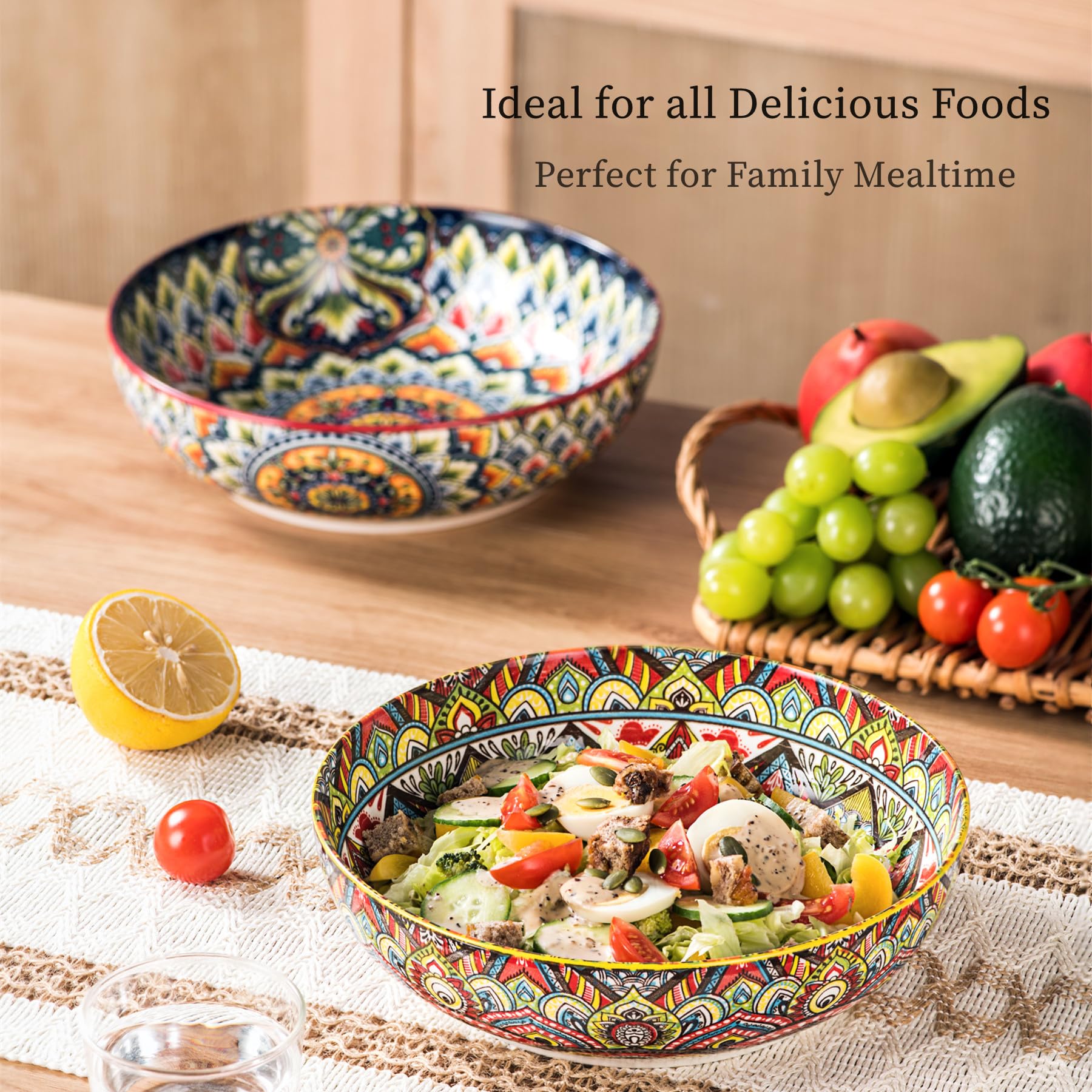 Henten Home Ciotole per Pasta, Piatti Fondi in Porcellana 2 pezzi -1500 ml, Ciotole per Pasta/Insalata/Zuppa/Frutta, Adatti al Forno a Microonde e Lavastoviglie, Stile Boho