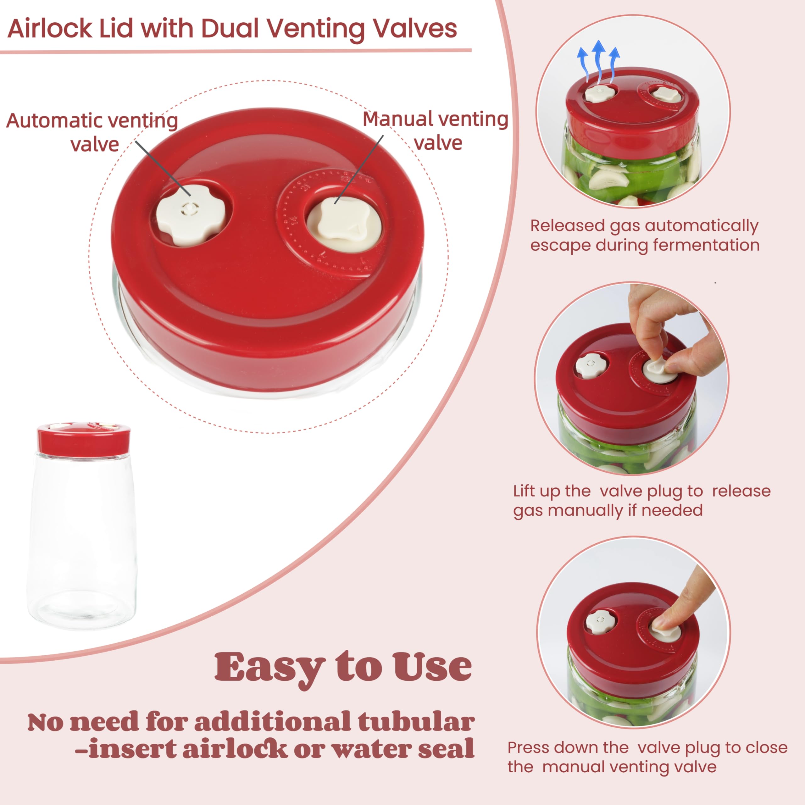 AZpxZpy Fermentation Jar with Dual Venting Valve Airlock Lid, 1.8L Wide Mouth Glass Jar, Pickle & Sourdough Starter Kit, Kimchi & Sauerkraut Maker