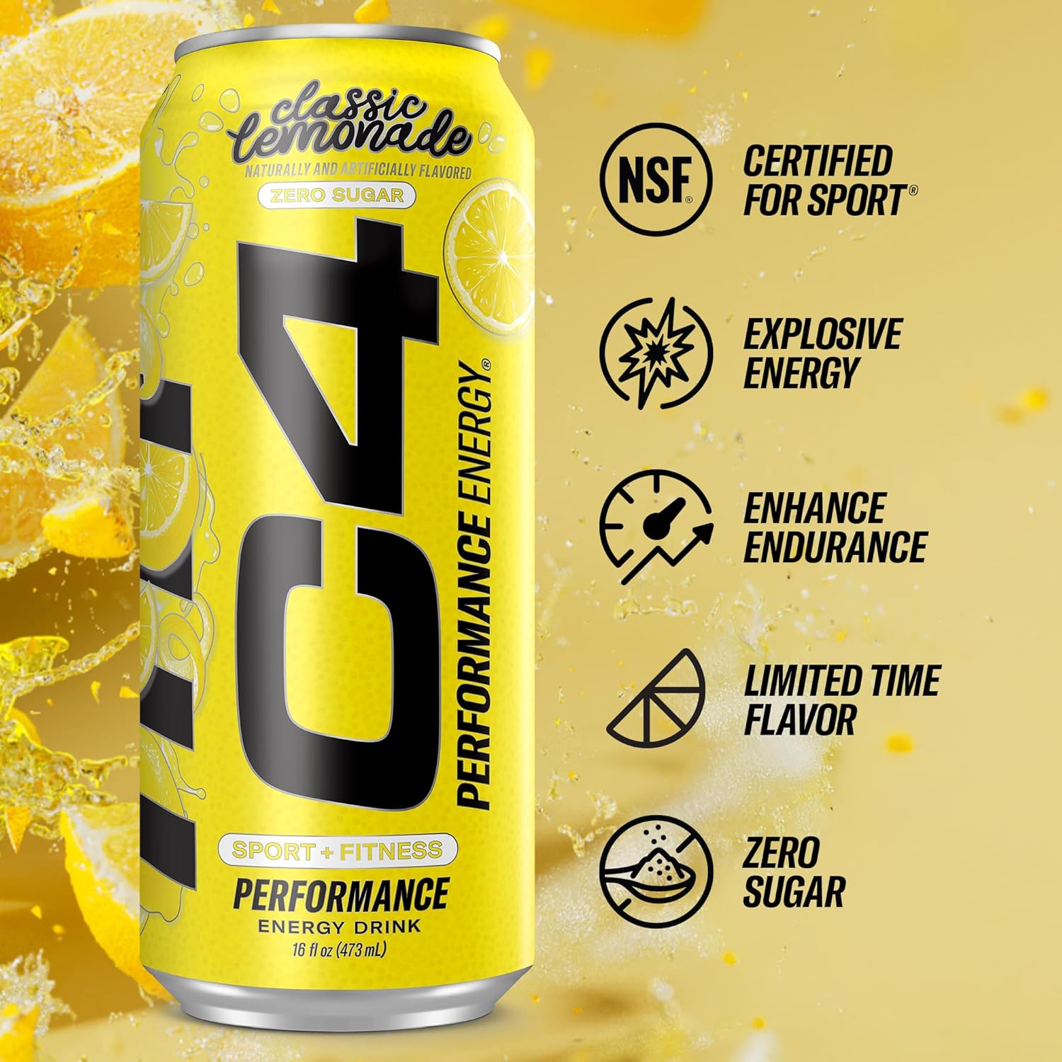 C4 Energy Drink, Lemonade "Limited Edition" Carbonated, Sugar Free Pre Workout Performance Drink with no Artificial Colors or Dyes, 16oz Pack of 12 - Image 2
