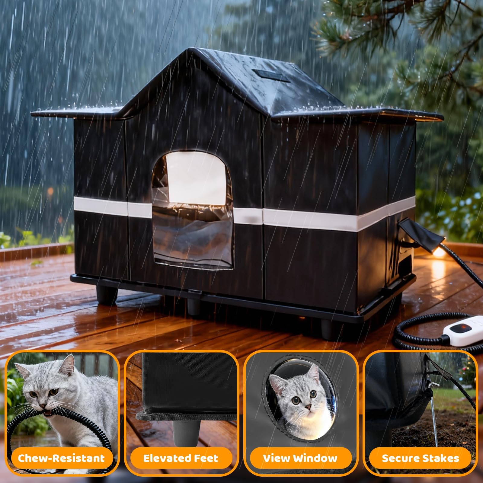 Homegroove Casetta per gatti riscaldata per esterni, per feste invernali, isolata per esterni, con cuscinetto riscaldante e lucernario, protezione per randagi e gatti selvatici (nero)