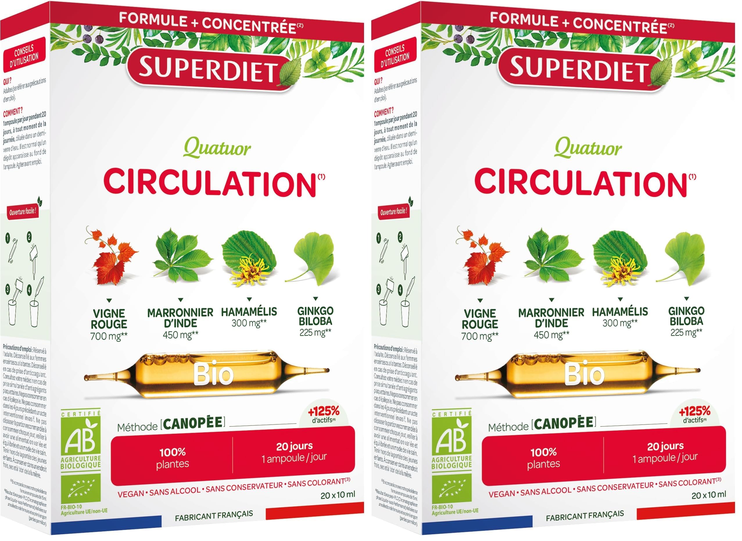 SuperDiet Quator Marronnier, Hamamélis, Vigne Rouge et Ginkgo 20 ampoules de 15ml soit 300ml (Lot de 2)