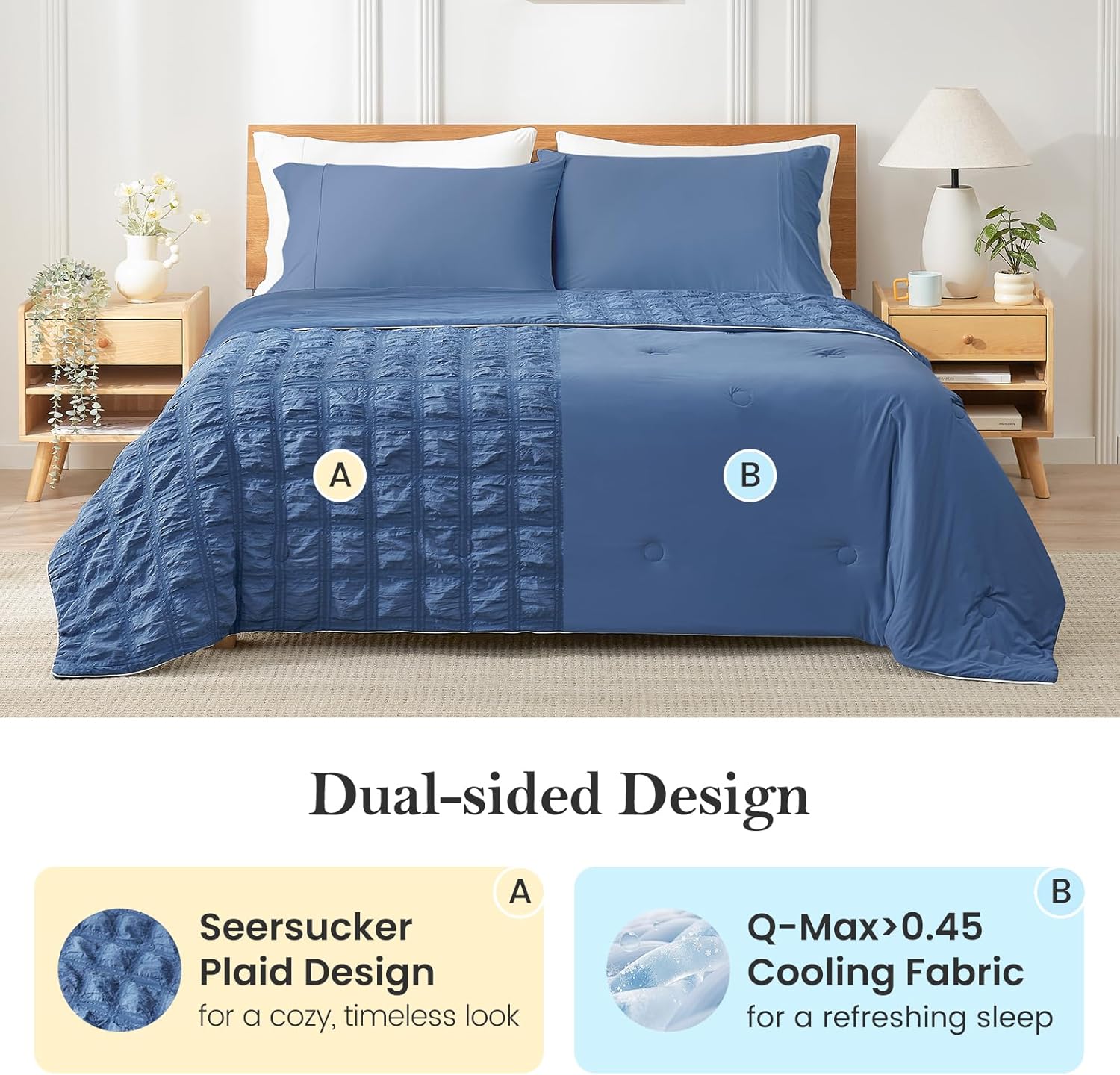 Cozy Bliss Cooling Comforter Seersucker Plaid Queen Size, Q-Max 0.45 Lightweight Cooling Blanket, Breathable Silk Smooth Summer Bedding Quilt for Hot Sleepers Night Sweats Denim Blue - Image 3