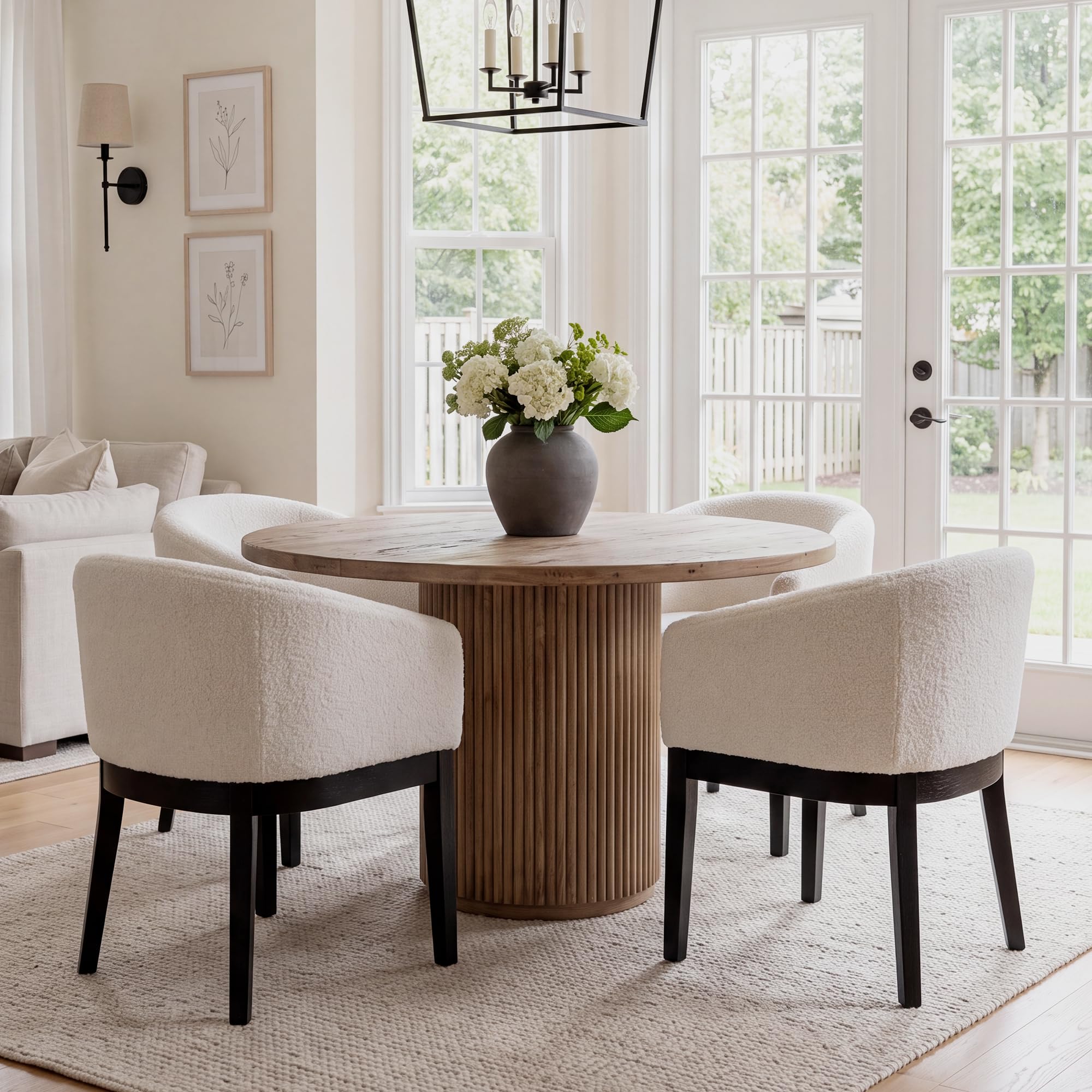 HNY Barrel Dining Chairs Set of 4, Mid Century Modern Upholstered Dining Chairs with Arms, Sherpa Boucle Kitchen &amp; Dining Room Chairs, Solid Wood Frame Accent Chairs for Kitchen, Apartment, White
