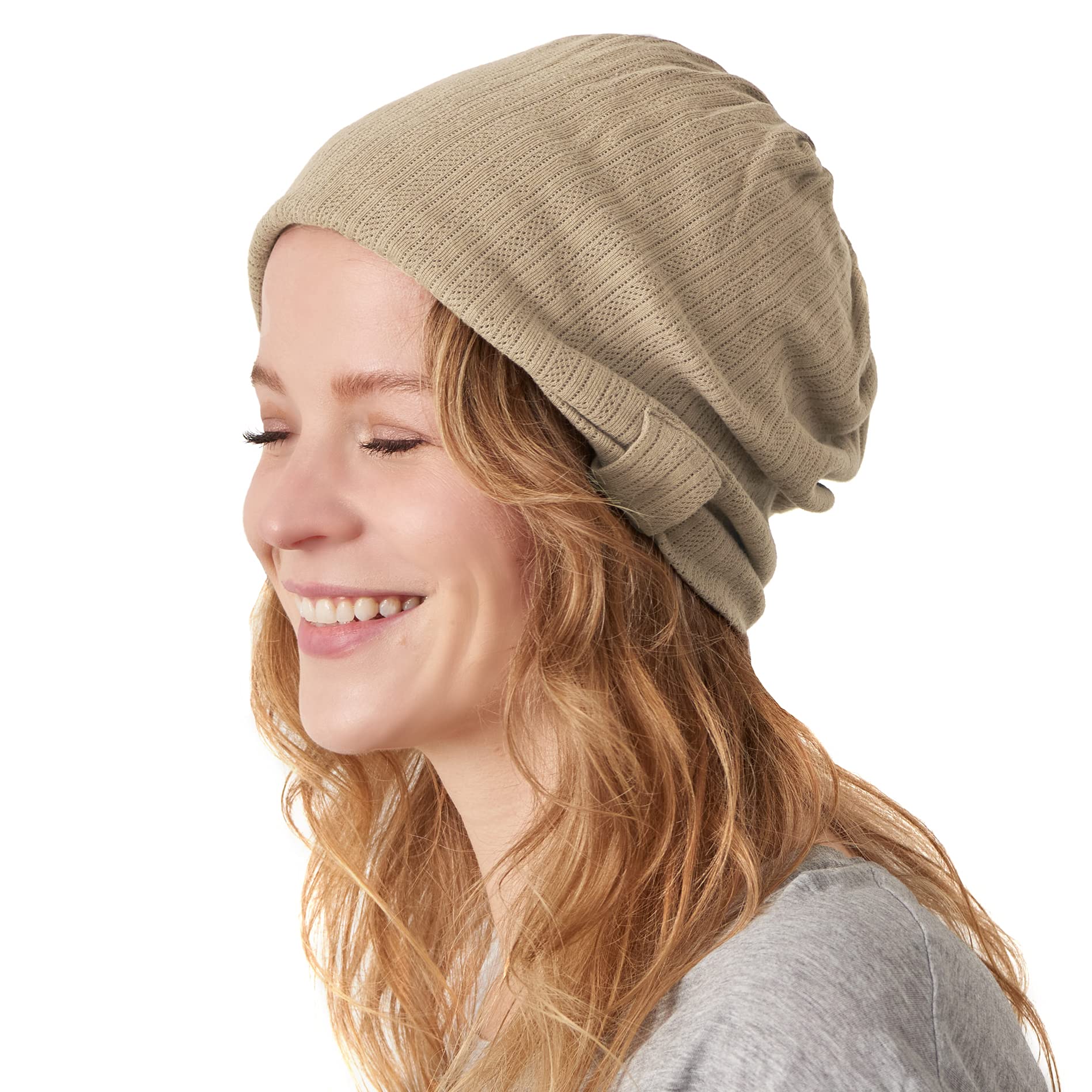 CHARM Slouchy Beanie for Women - Cute Cotton Slouch Hat, Chemo Headwear, Hair Cover Sleep Cap Winter Beanie Beige
