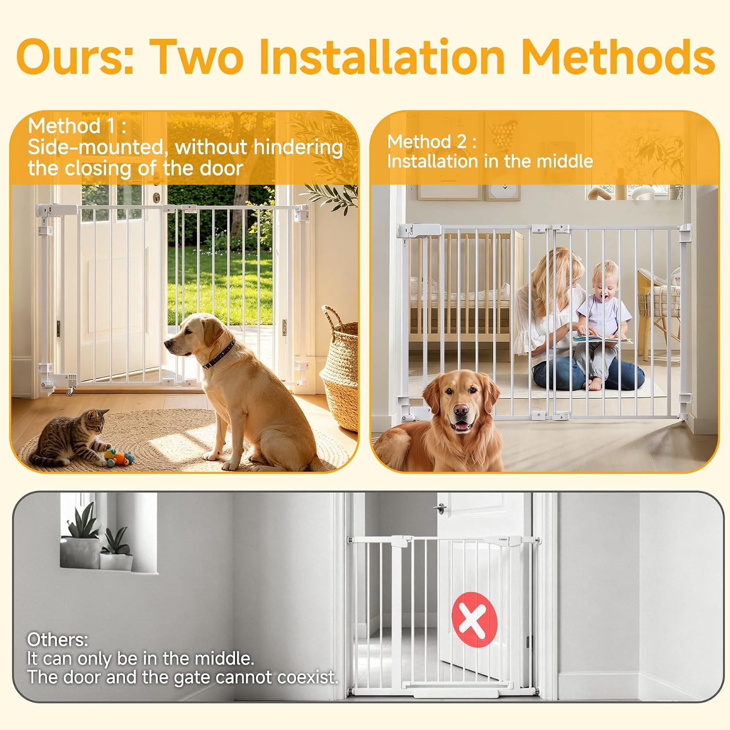 29.7"-45" Baby Gate for Stairs, Metal Pet Dog Gate for Doorways Indoor, 2 Installation Positions, Hardware Mount, 29.1”H Walk Through Safety Child Gate for Kids Toddler, White