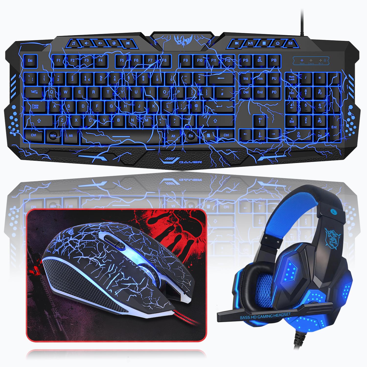 Set di tastiera e mouse da gioco con cuffie, layout UK, tastiera cablata retroilluminata crack, mouse da gioco a LED a 4 colori, cuffie over-ear, tappetino per mouse grande, pacchetto tutto
