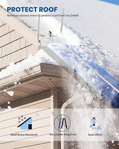 Miniatura 6 de Rastrillo de techo de nieve de 30 pies de alta calidad para eliminación de nieve con asas ergonómicas, fácil de empujar y tirar, 2 ruedas incluyen