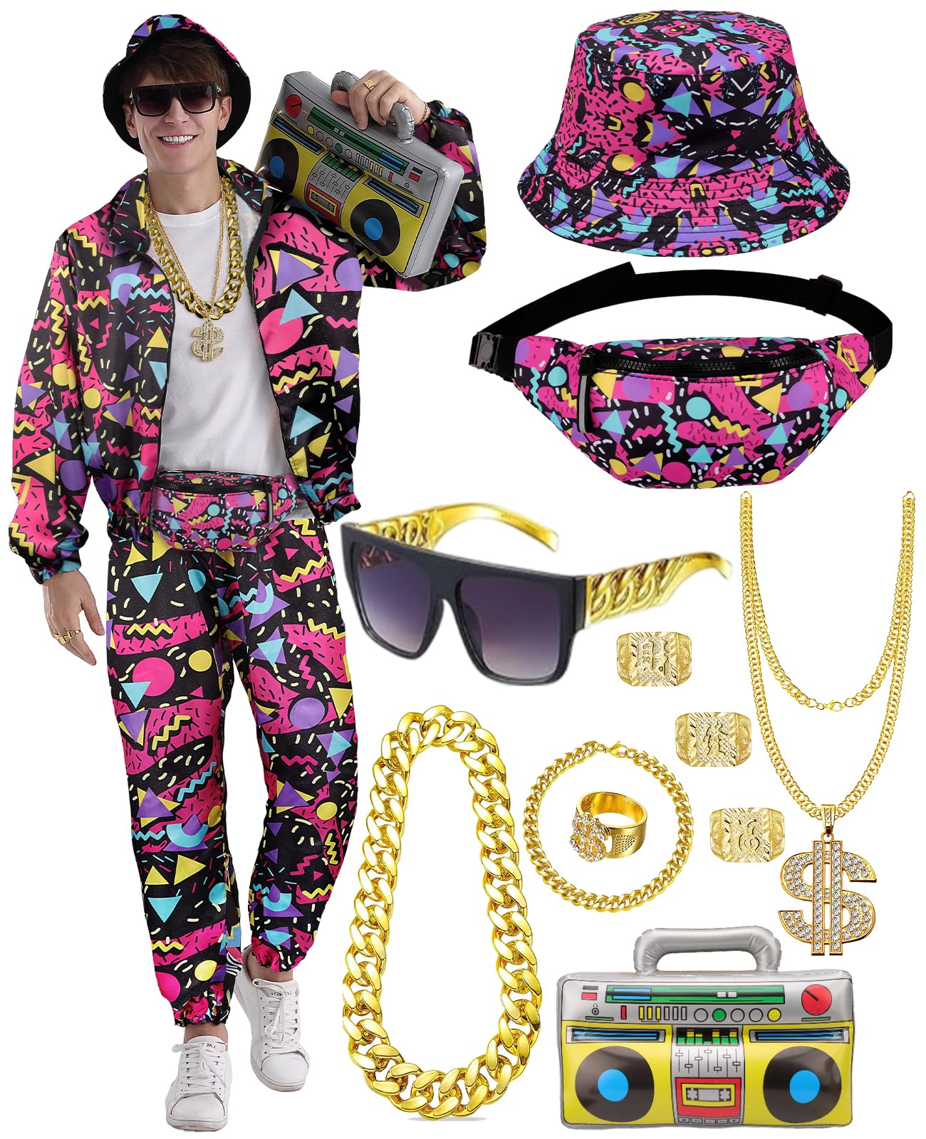 80er 90er Jahre Trainingsanzug Outfit Herren, Kostüm Jogginganzug Hose Set, Aufblasbarer Ghettoblaster Bauchtasche Sonnenbrille Hut Halskette Armband Ring, Hip Hop Sportbekleidung Karneval Mottoparty